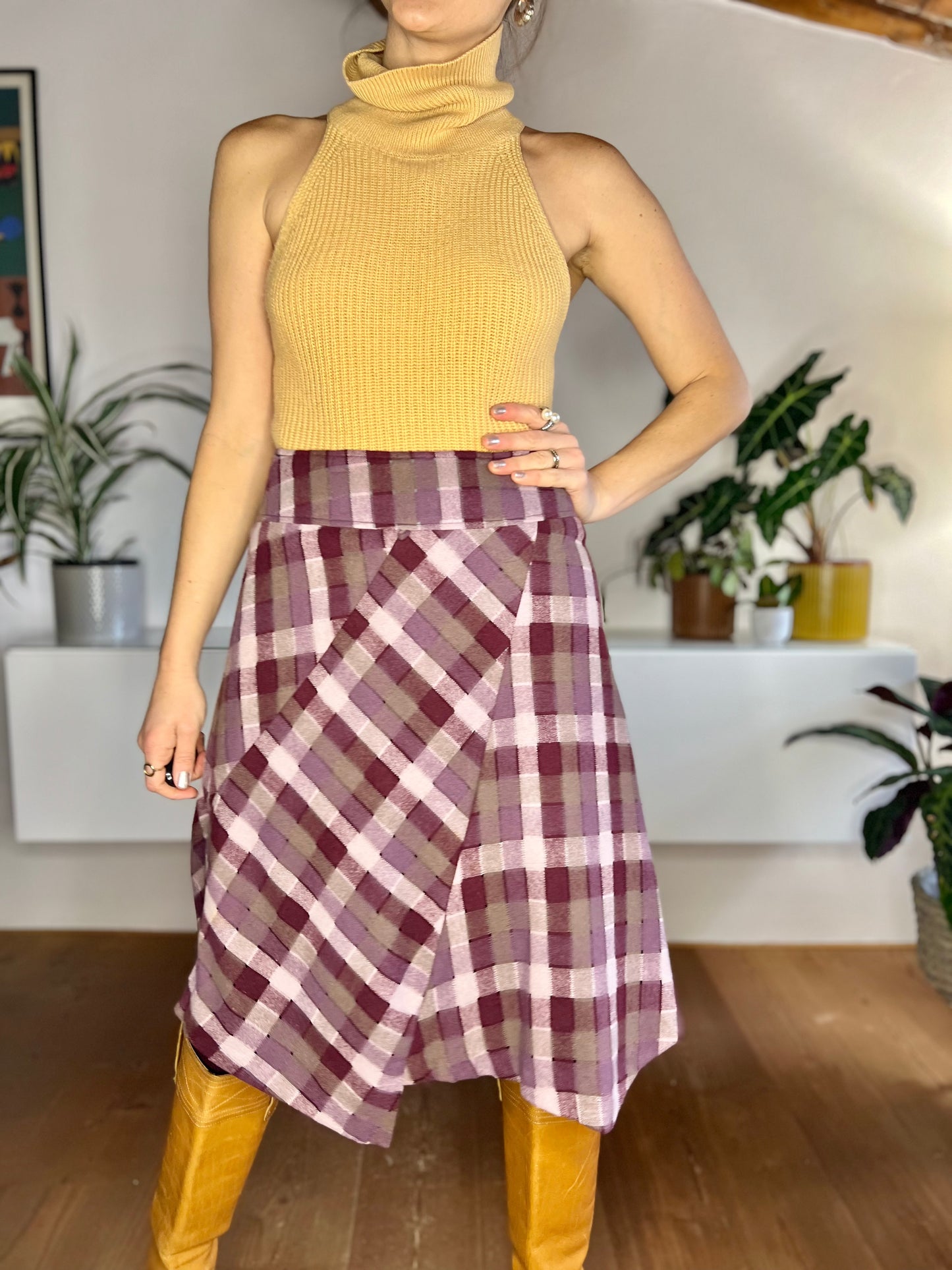 1990's vintage burgundy and grey asymmetrical plaid wool blend midi skirt