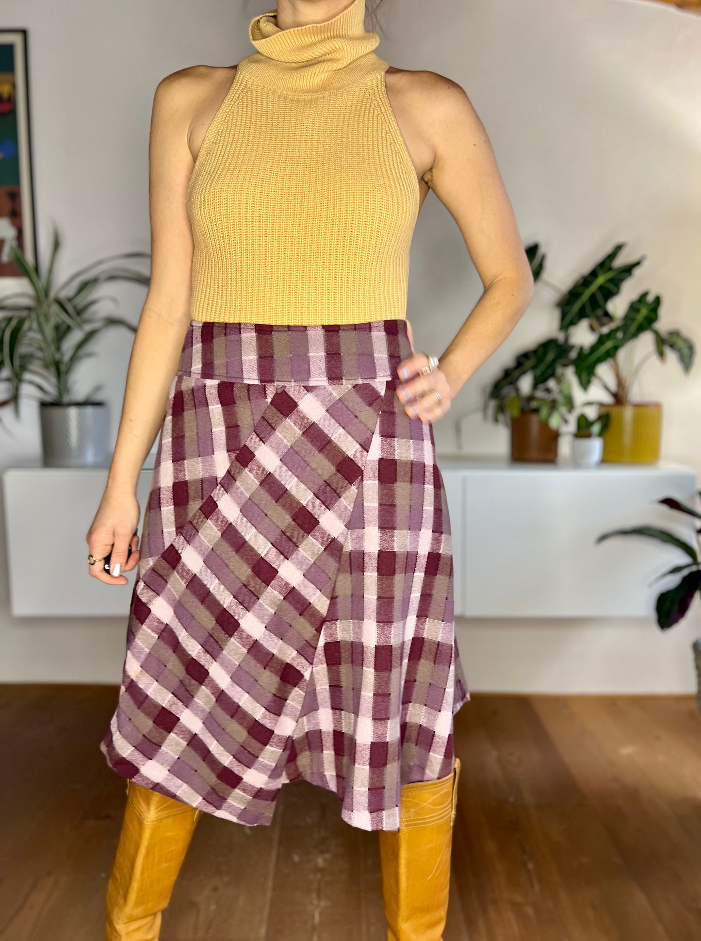 1990's vintage burgundy and grey asymmetrical plaid wool blend midi skirt