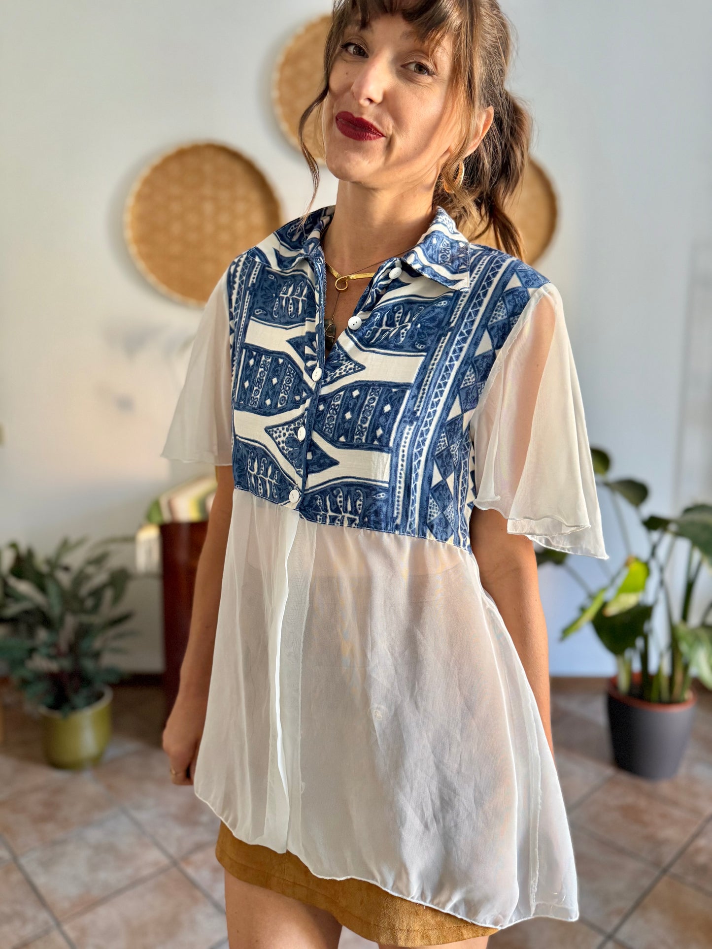 1990's vintage blue and cream geometric print blouse with sheer cream paneling and sleeves