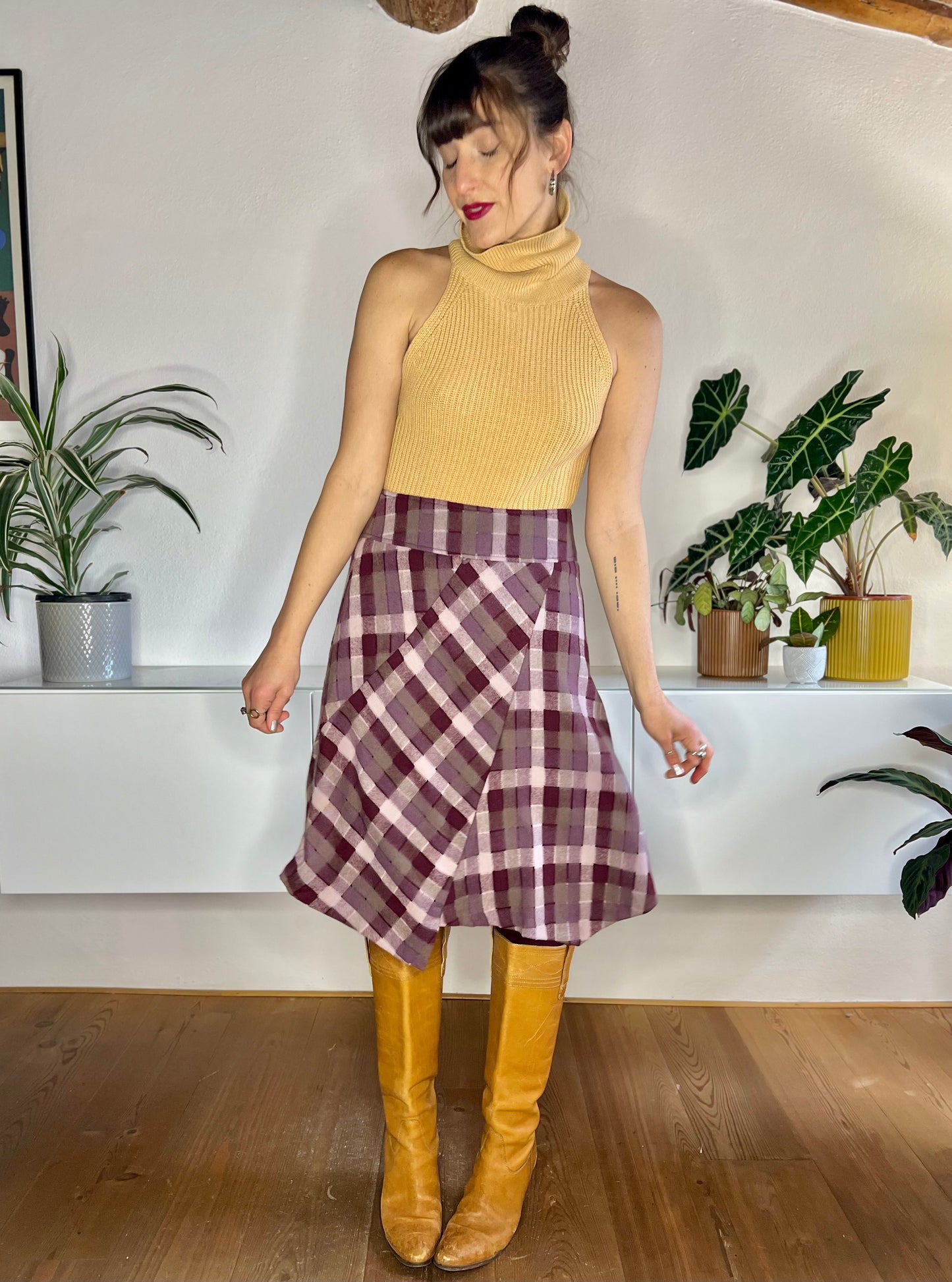 1990's vintage burgundy and grey asymmetrical plaid wool blend midi skirt
