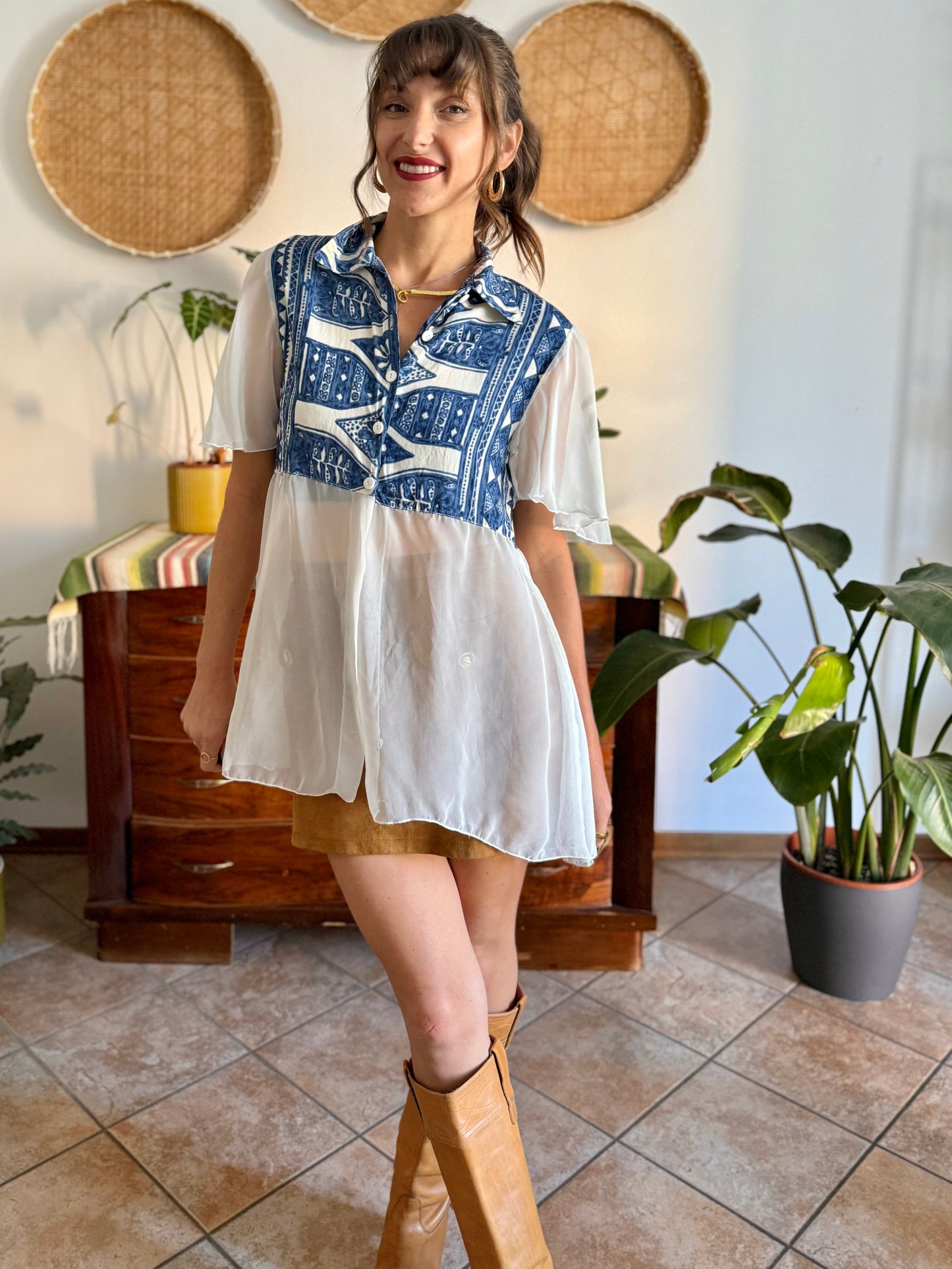 1990's vintage blue and cream geometric print blouse with sheer cream paneling and sleeves