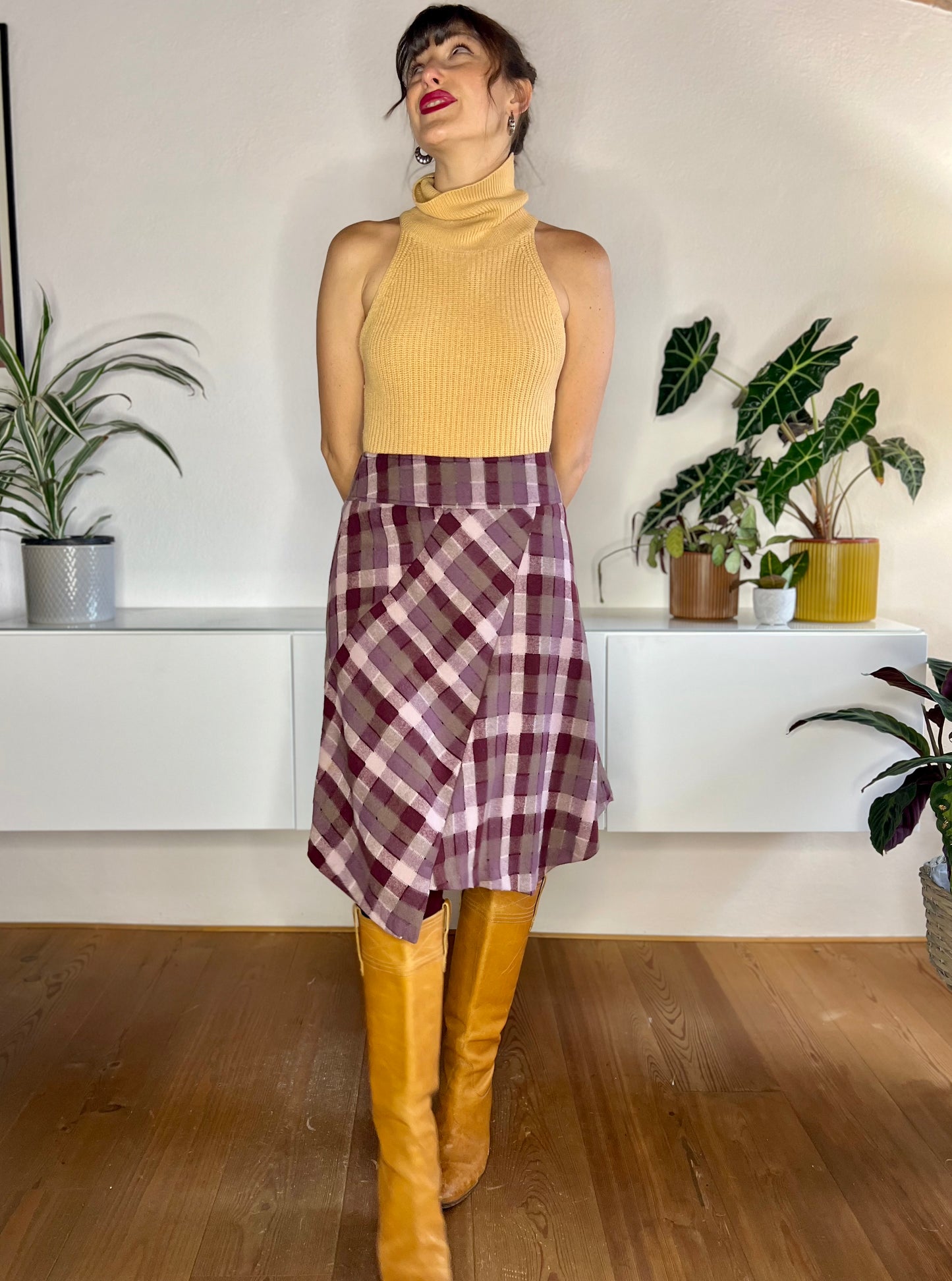 1990's vintage burgundy and grey asymmetrical plaid wool blend midi skirt