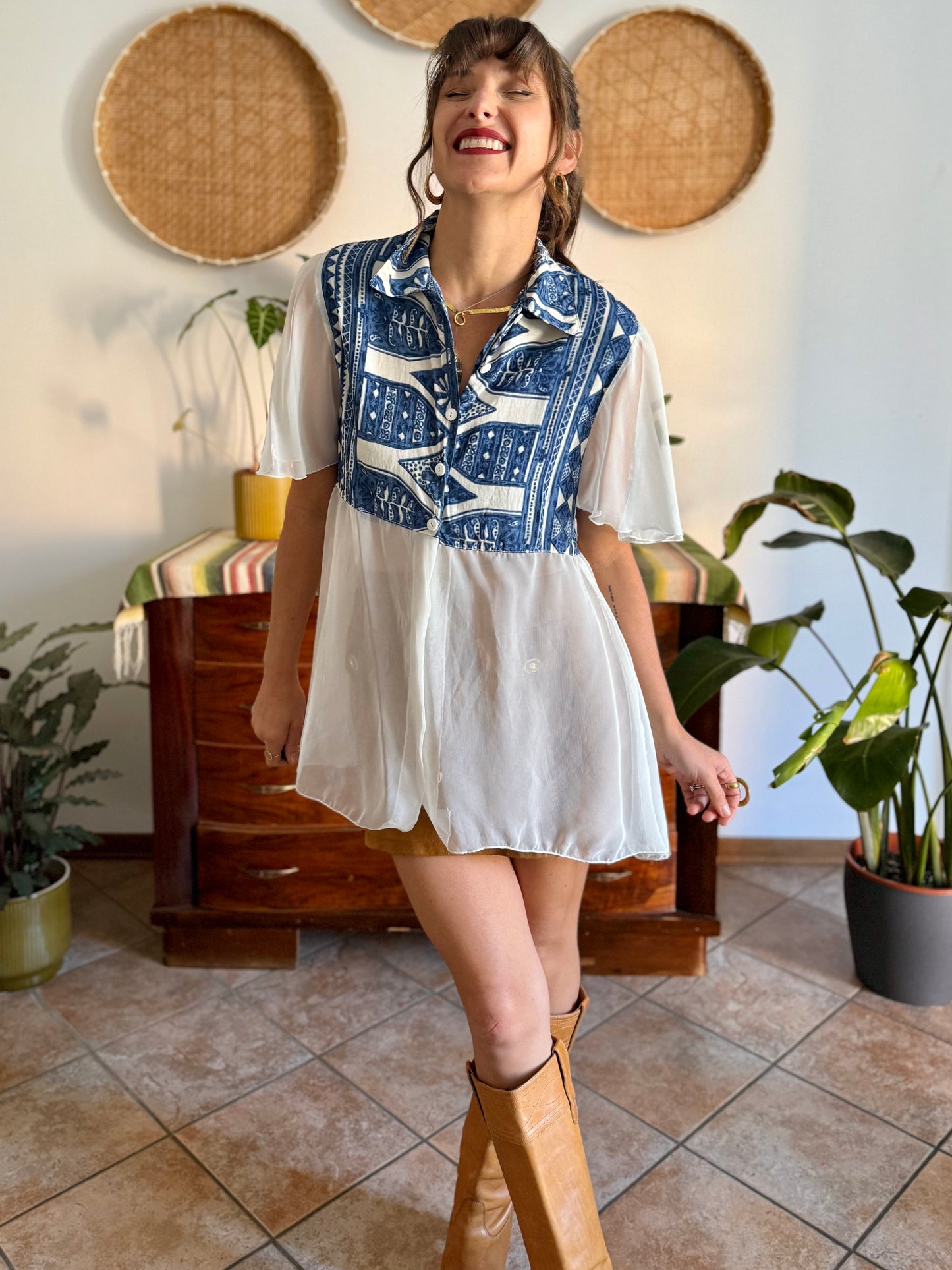 1990's vintage blue and cream geometric print blouse with sheer cream paneling and sleeves