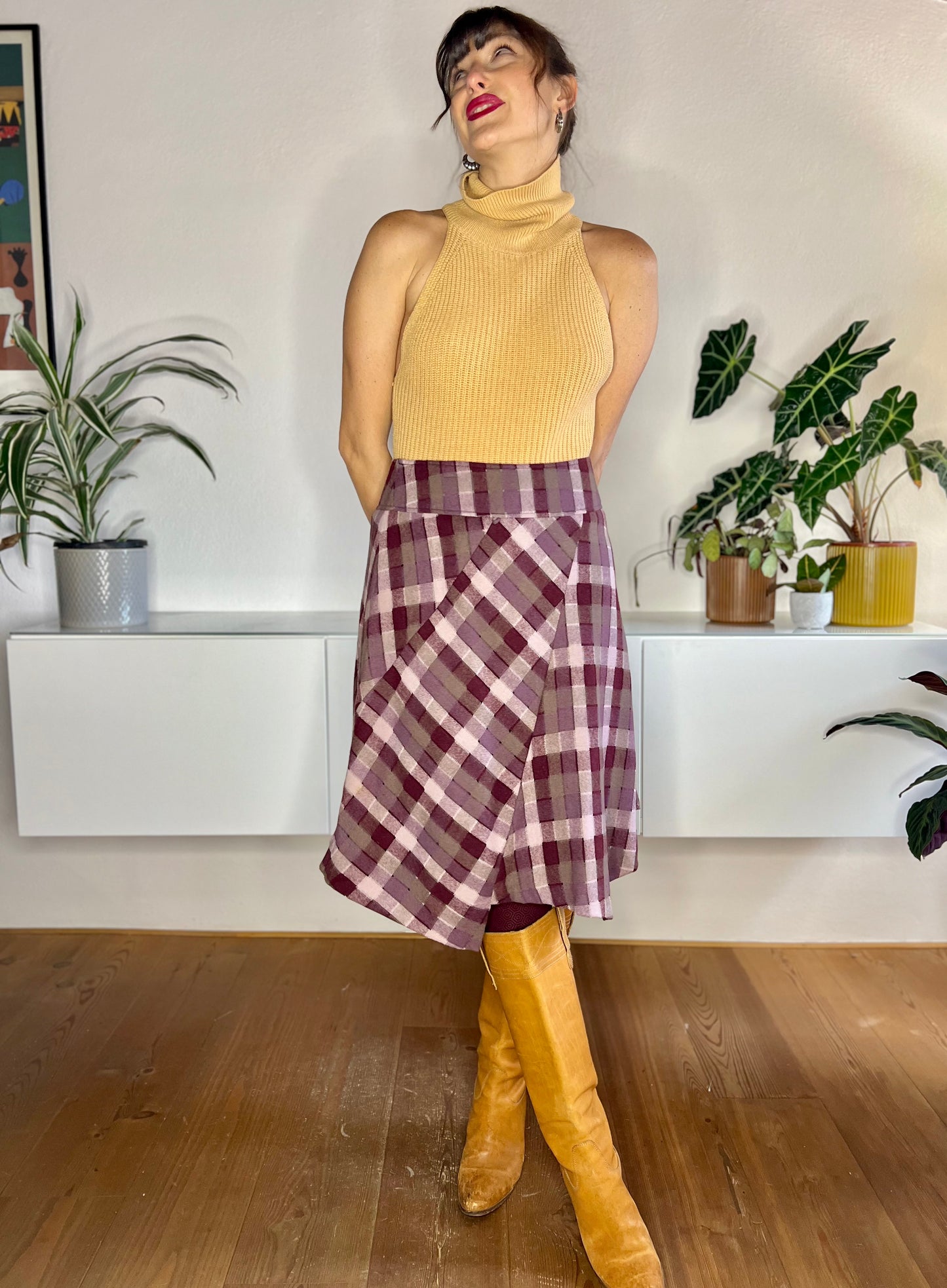 1990's vintage burgundy and grey asymmetrical plaid wool blend midi skirt