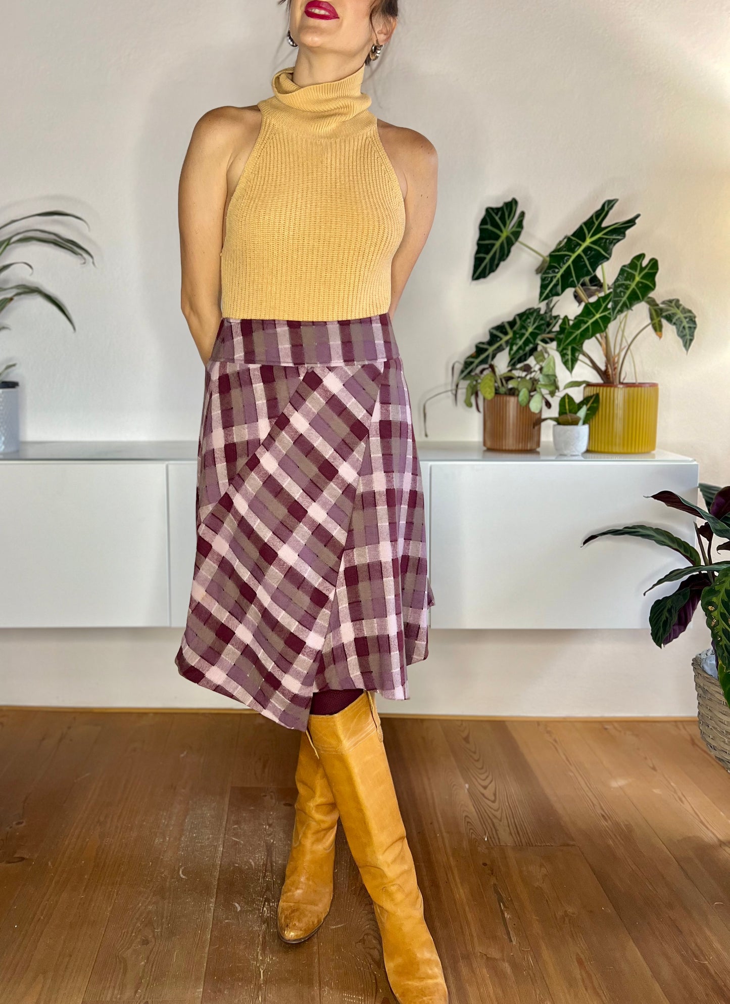 1990's vintage burgundy and grey asymmetrical plaid wool blend midi skirt
