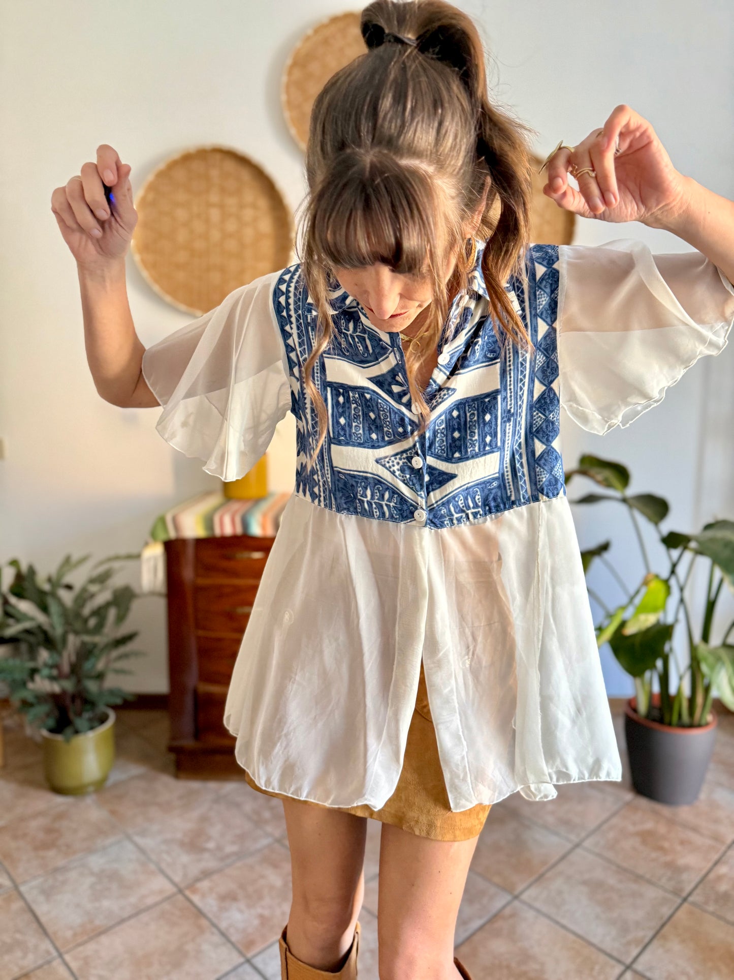 1990's vintage blue and cream geometric print blouse with sheer cream paneling and sleeves