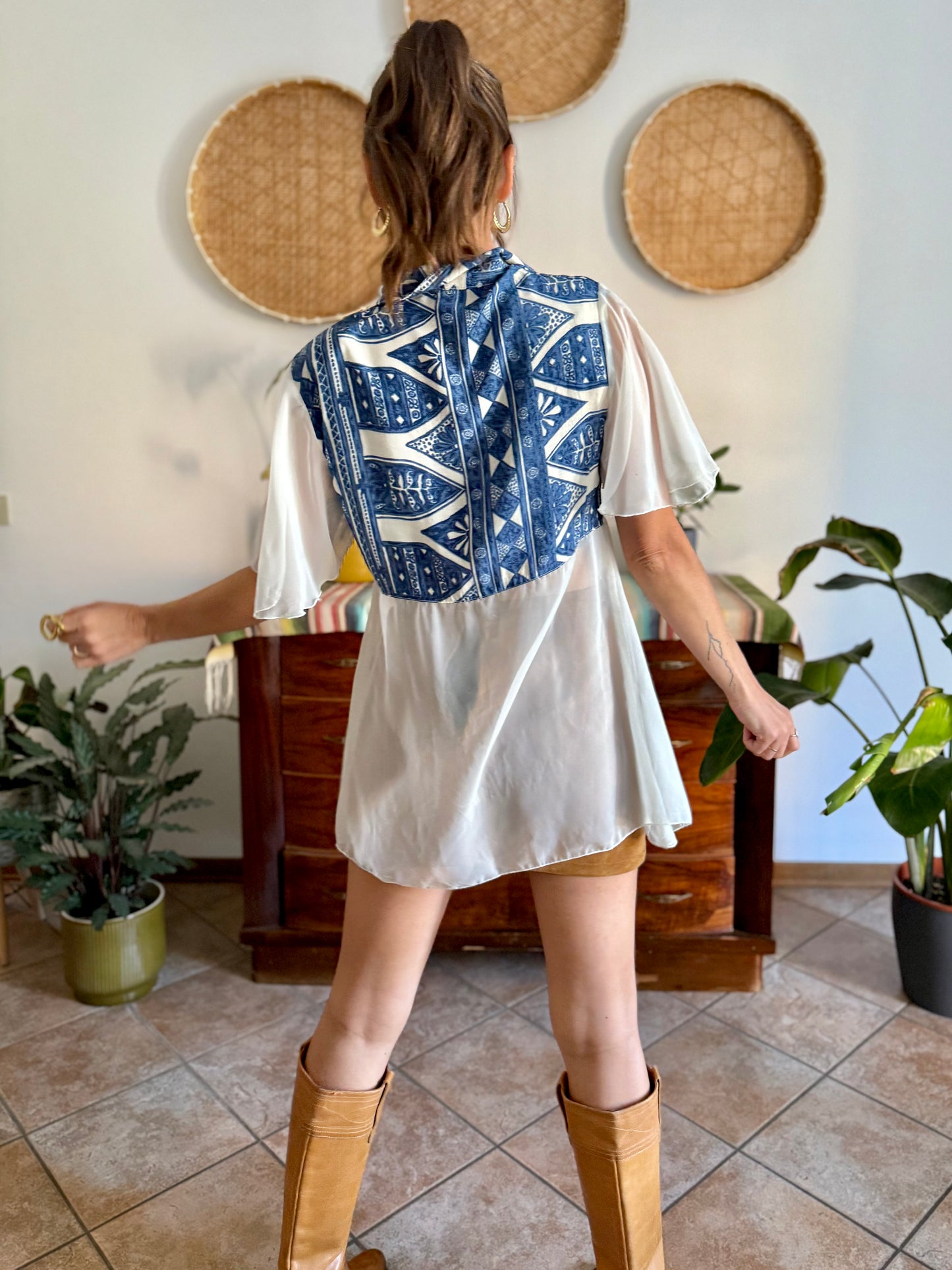 1990's vintage blue and cream geometric print blouse with sheer cream paneling and sleeves