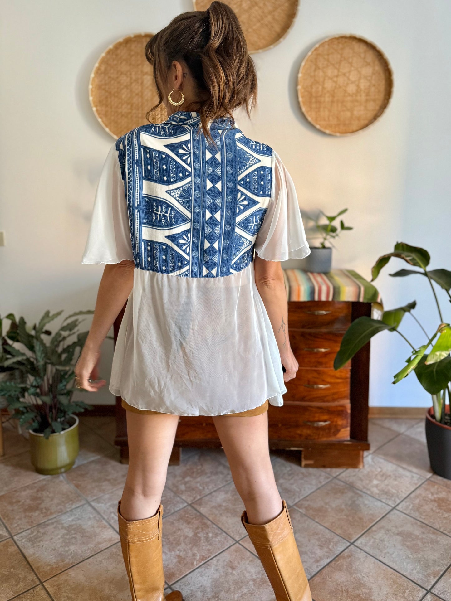 1990's vintage blue and cream geometric print blouse with sheer cream paneling and sleeves