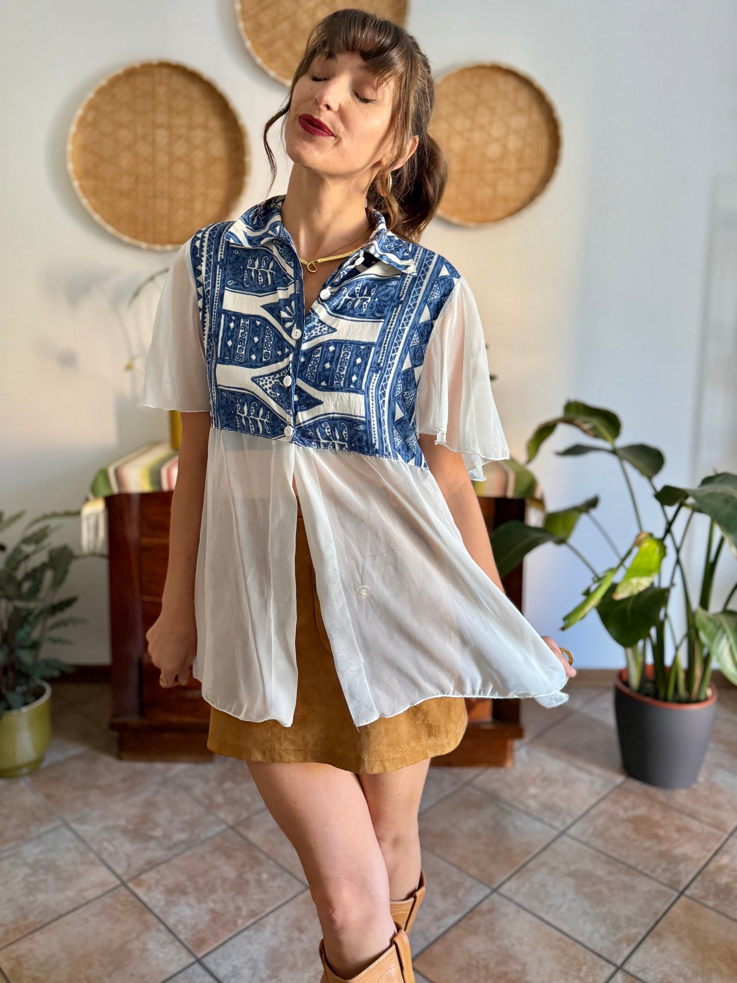 1990's vintage blue and cream geometric print blouse with sheer cream paneling and sleeves