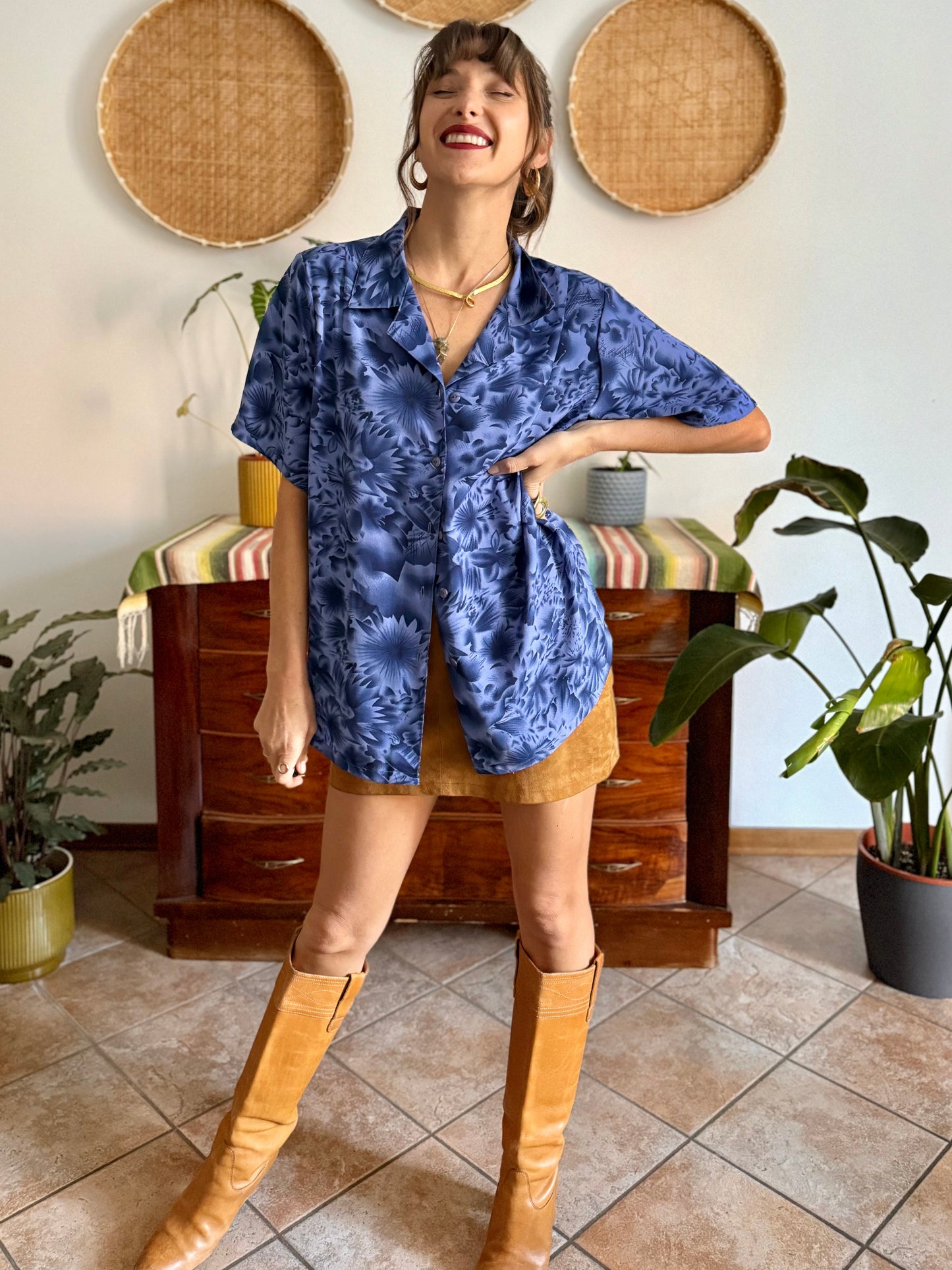 1970's vintage two tone blue floral print blouse
