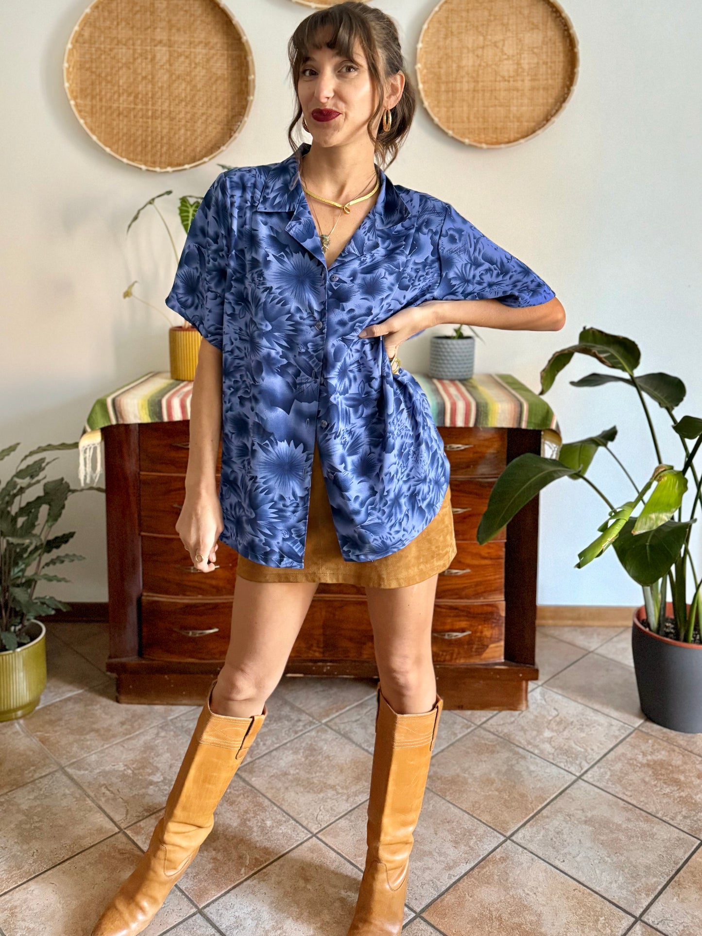 1970's vintage two tone blue floral print blouse
