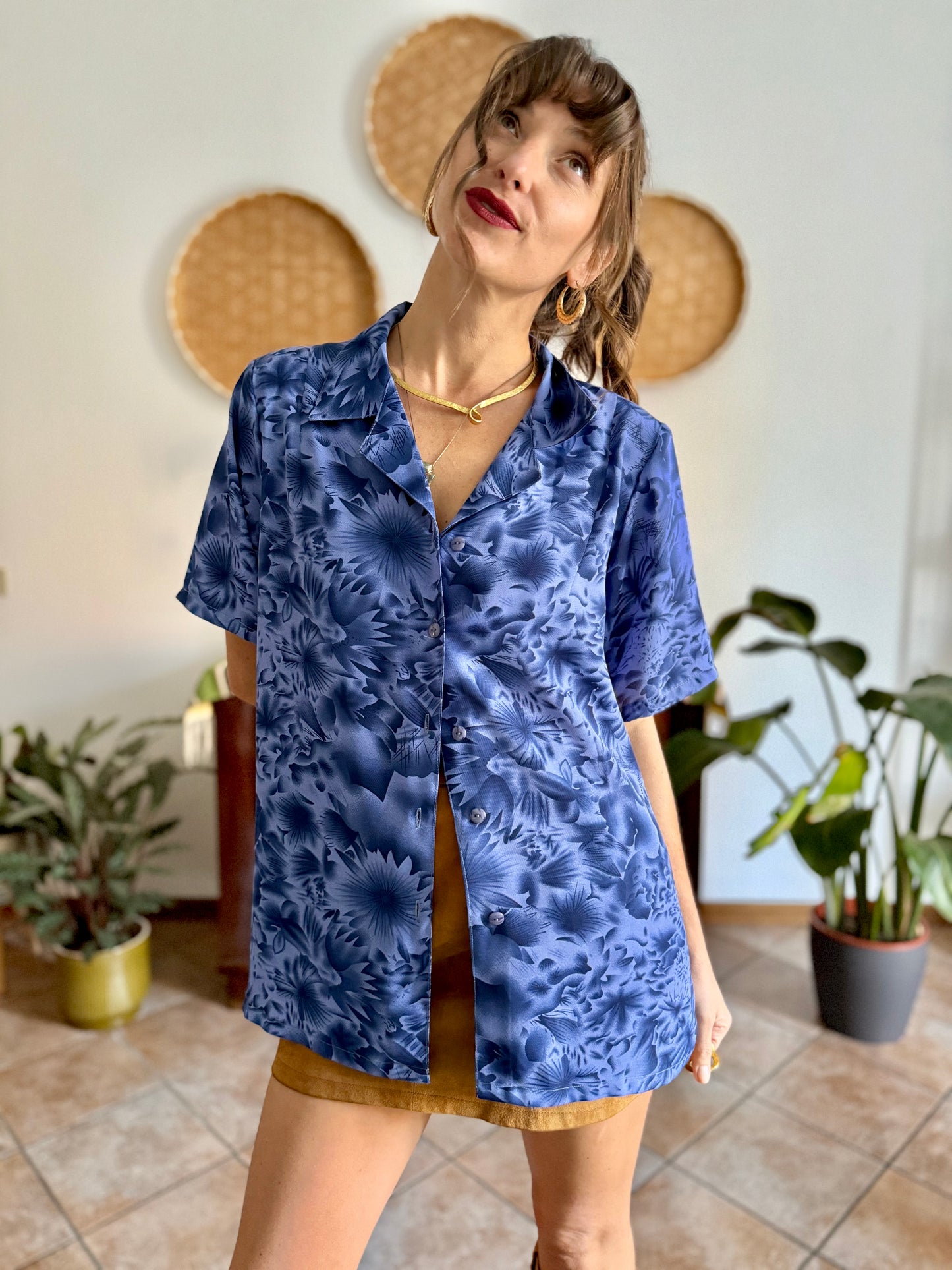 1970's vintage two tone blue floral print blouse