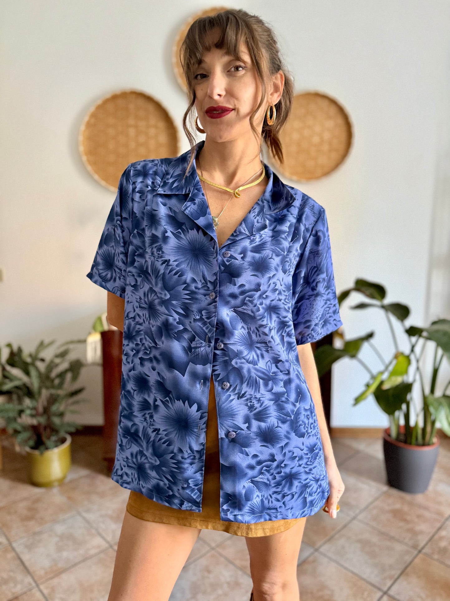 1970's vintage two tone blue floral print blouse