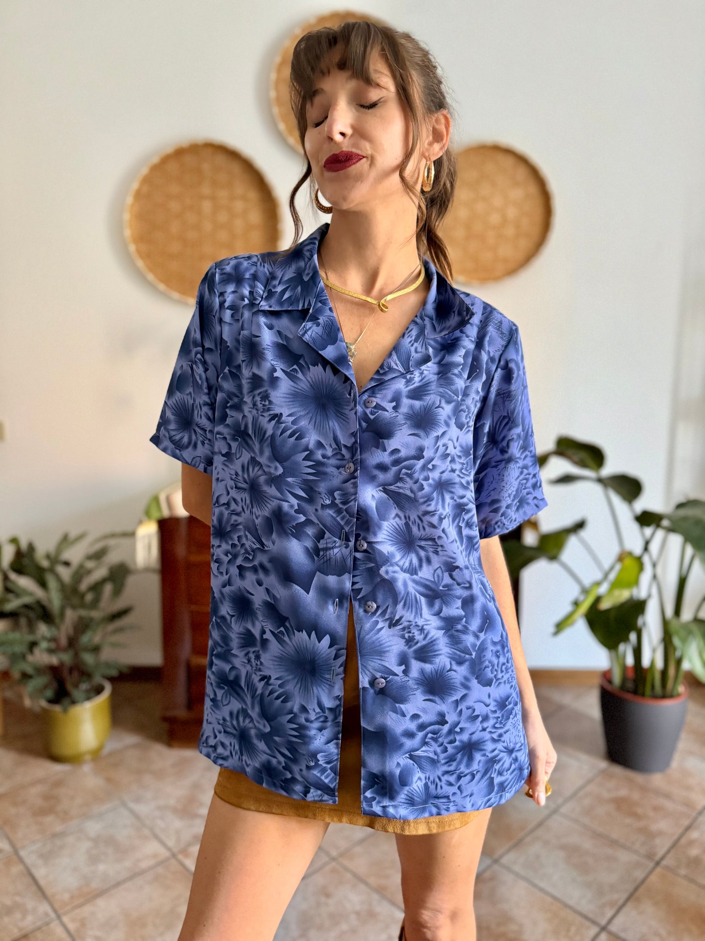 1970's vintage two tone blue floral print blouse
