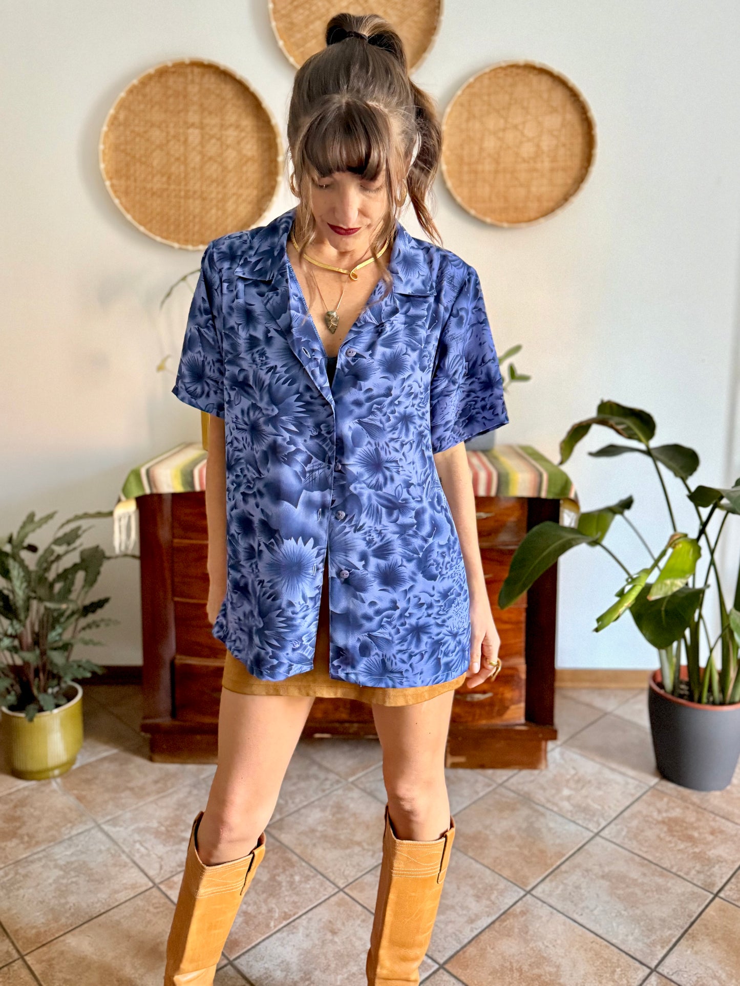 1970's vintage two tone blue floral print blouse