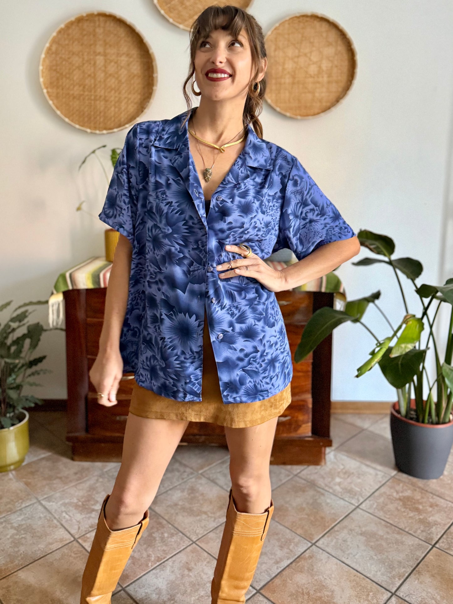 1970's vintage two tone blue floral print blouse