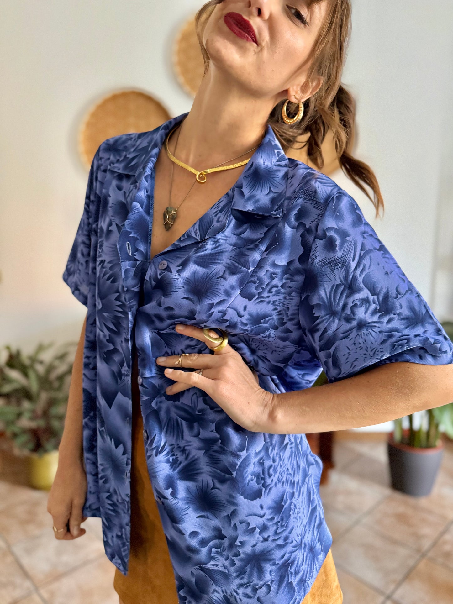1970's vintage two tone blue floral print blouse