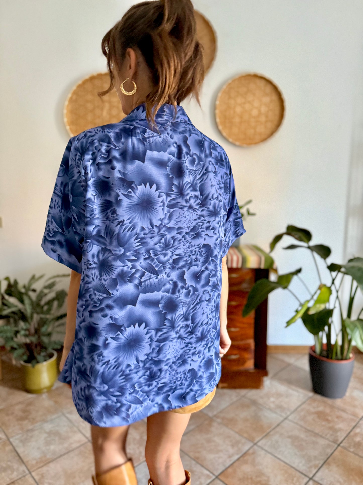 1970's vintage two tone blue floral print blouse