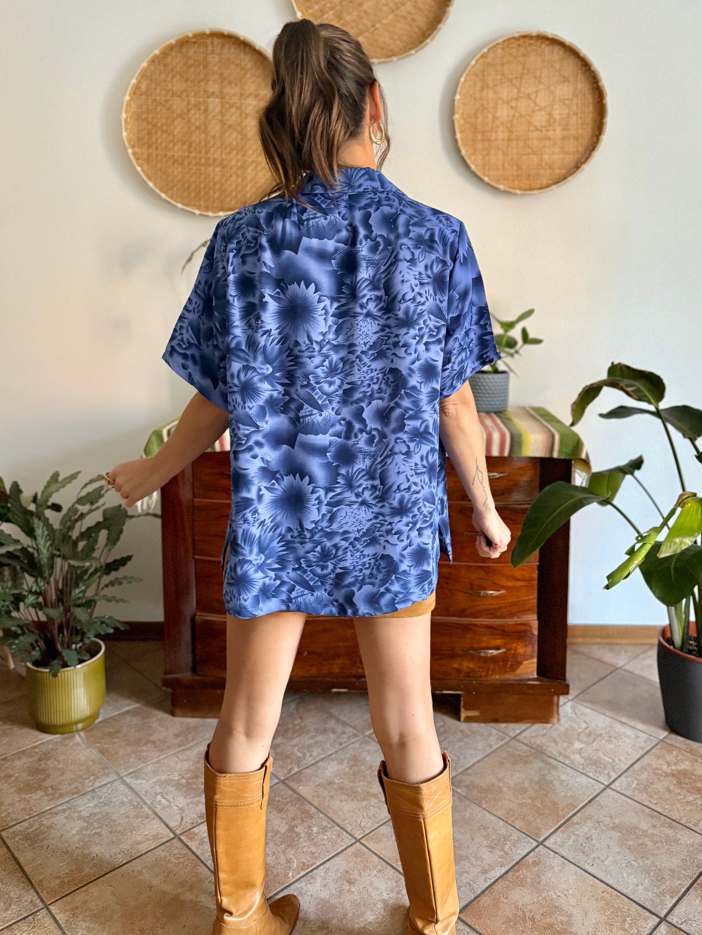 1970's vintage two tone blue floral print blouse
