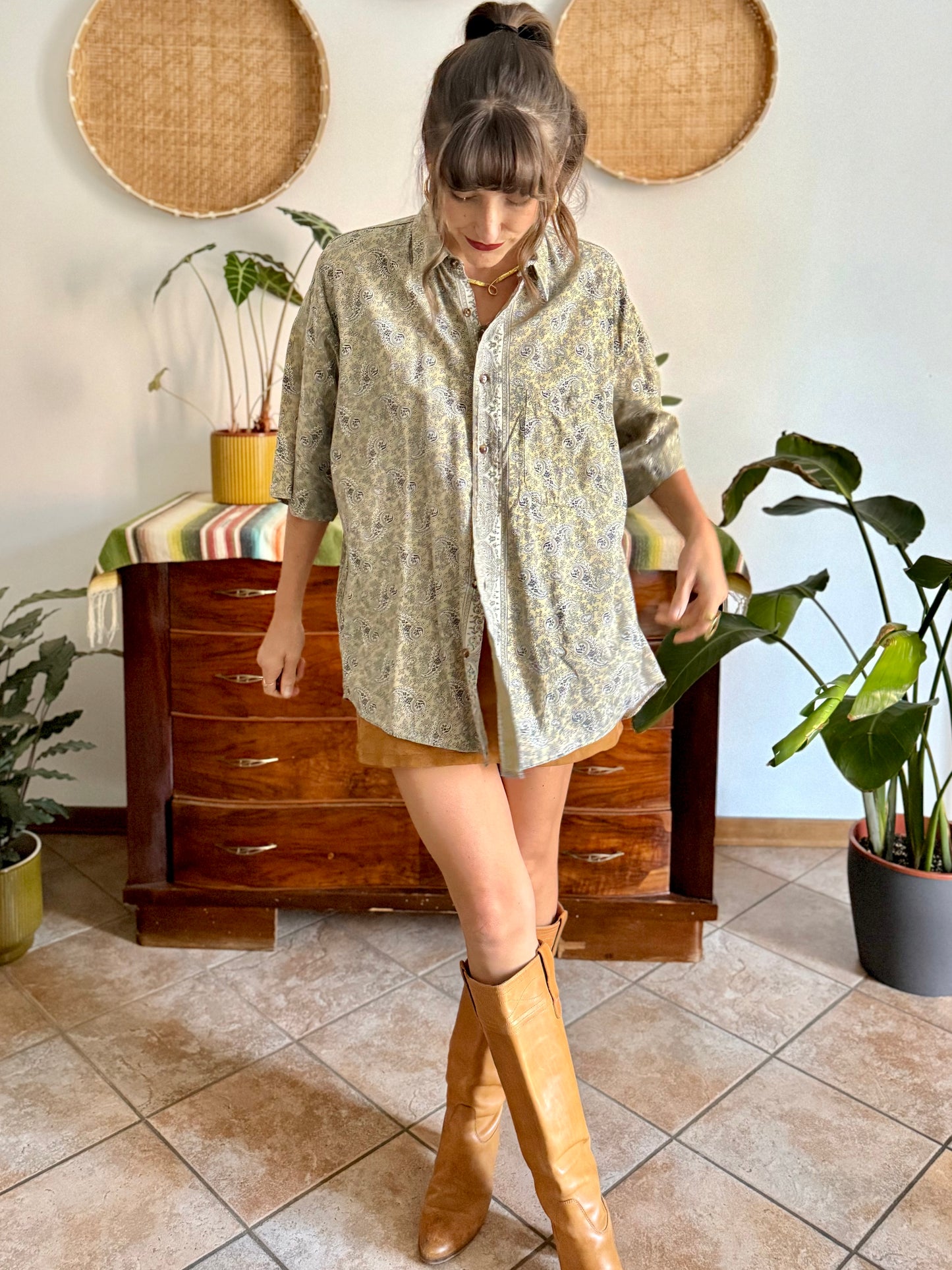 1990's vintage khaki and navy paisly shirt