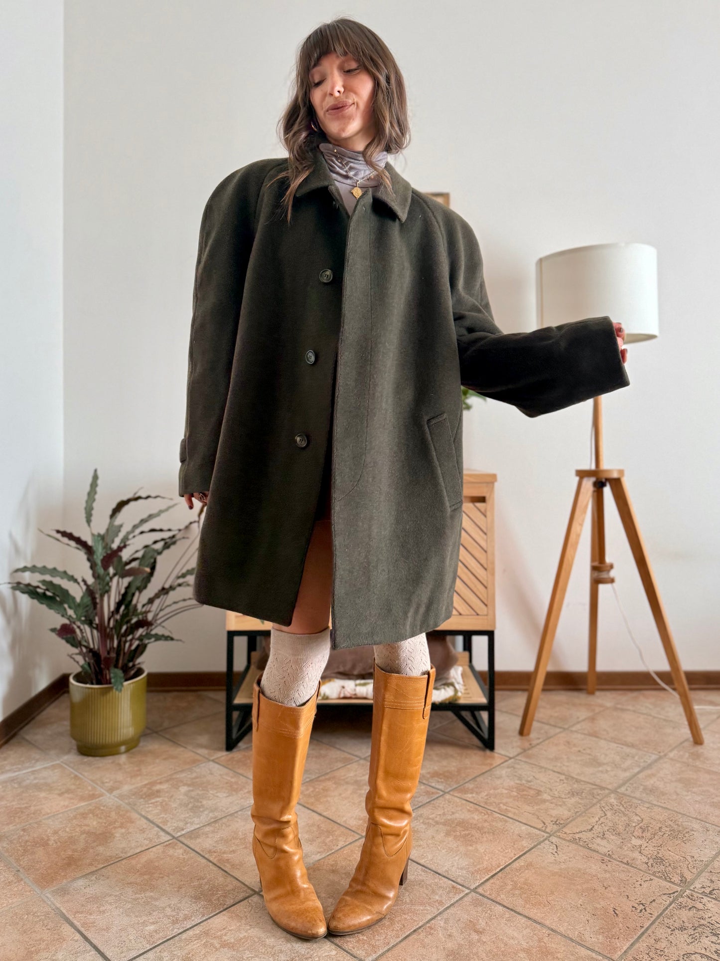 1960's vintage military green tyrol coat with chocolate brown quilted lining