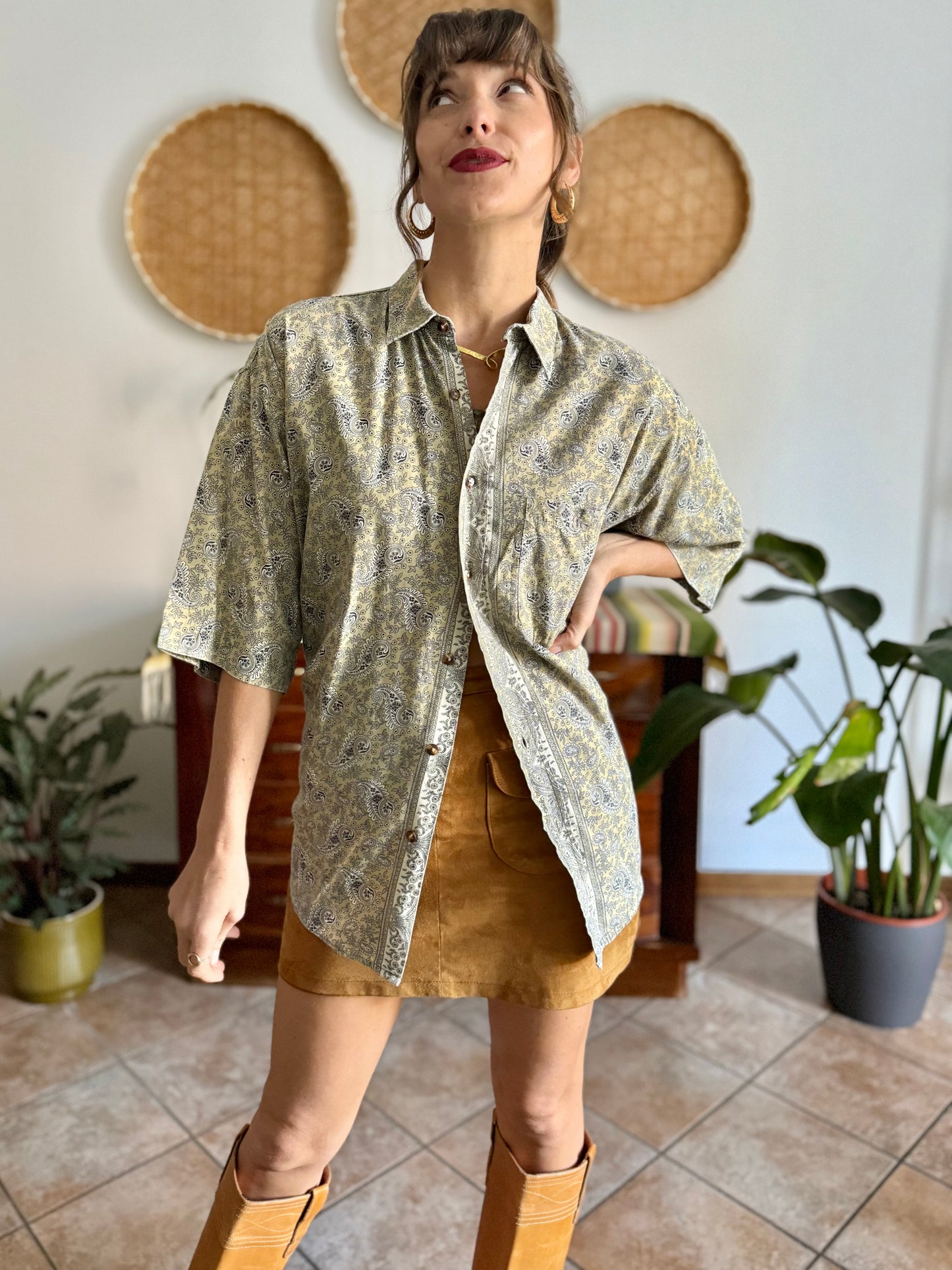 1990's vintage khaki and navy paisly shirt