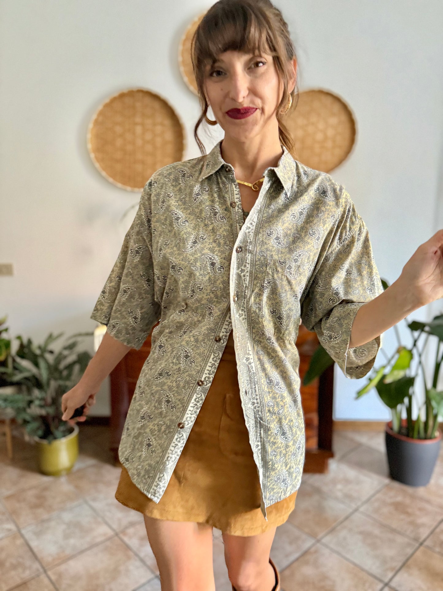 1990's vintage khaki and navy paisly shirt
