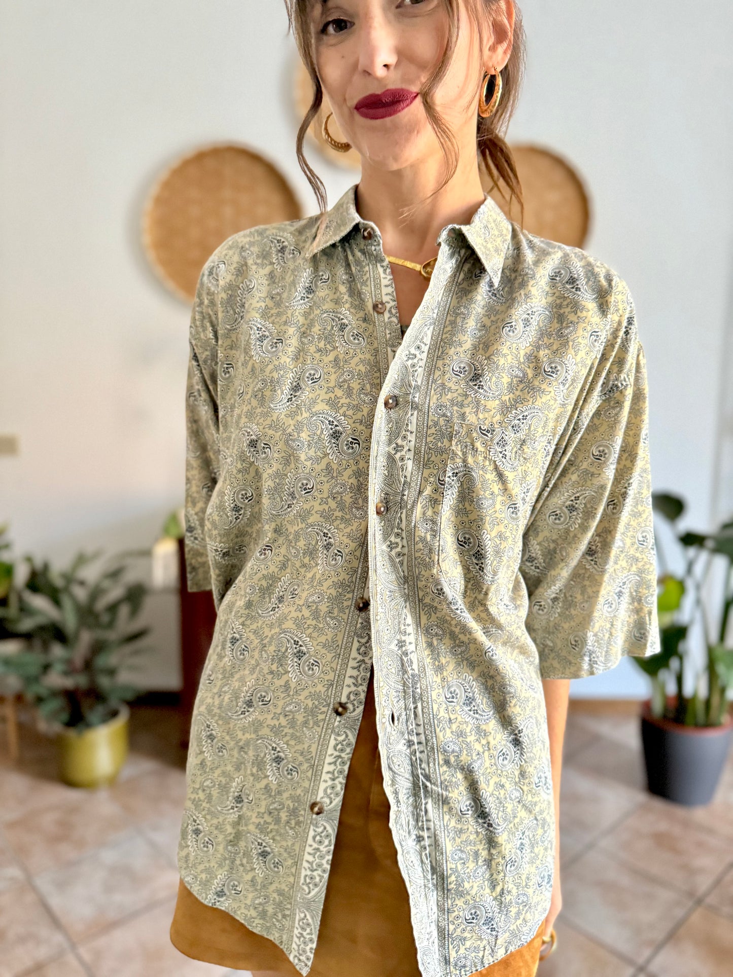 1990's vintage khaki and navy paisly shirt