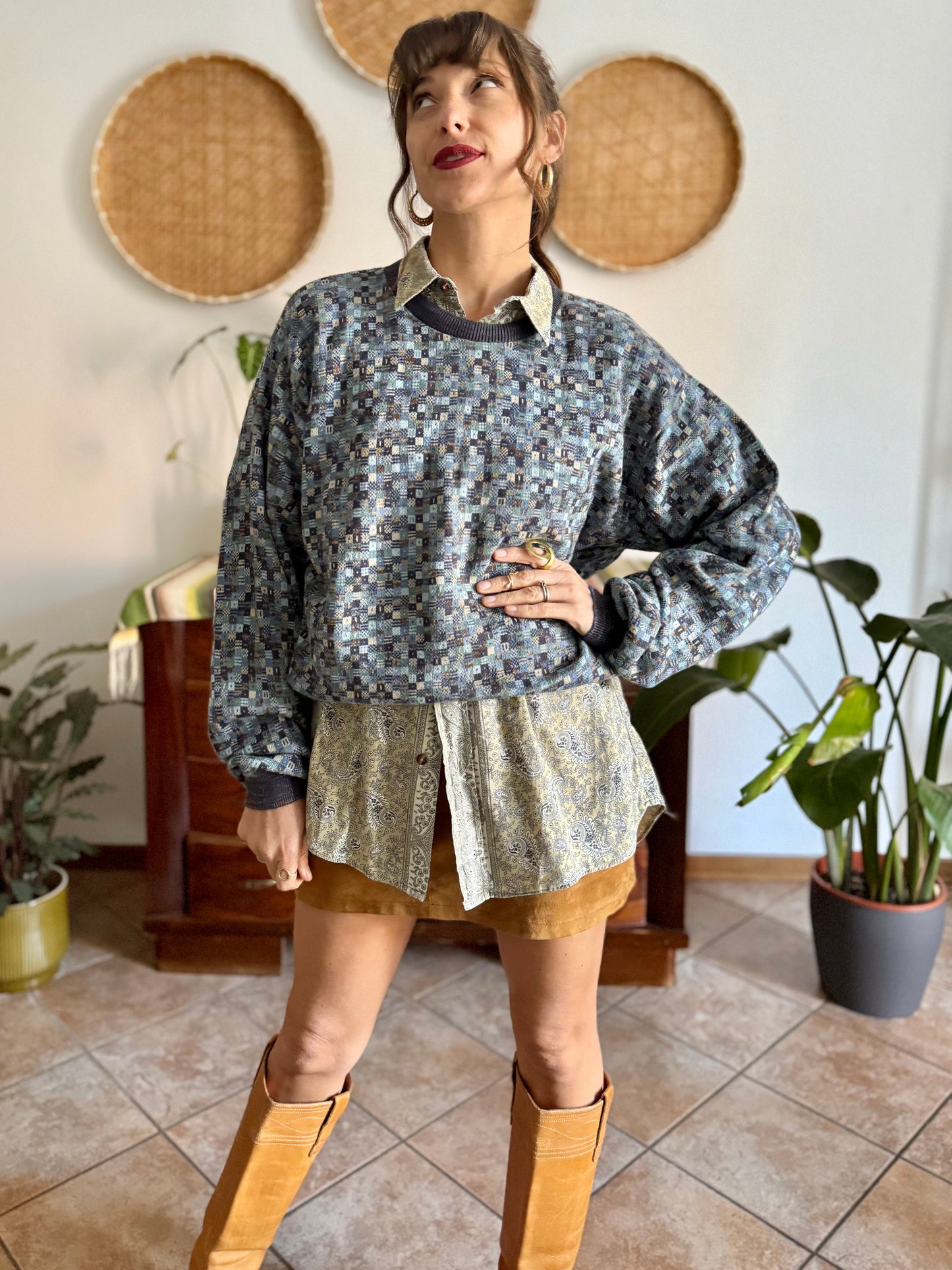 1990's vintage multitonal blue and brown geometric knit pullover