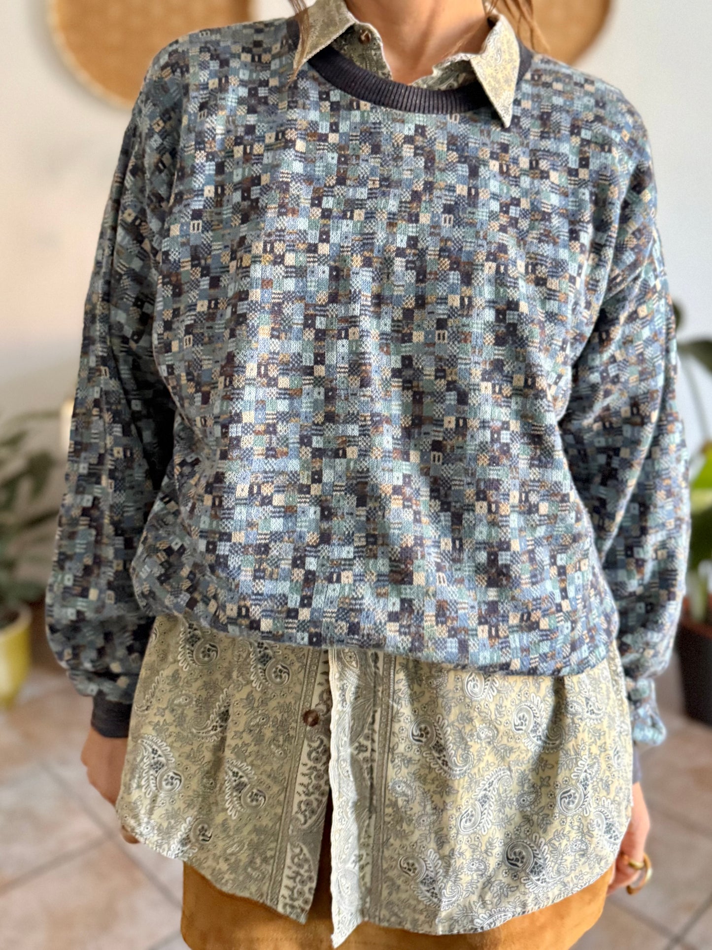 1990's vintage multitonal blue and brown geometric knit pullover