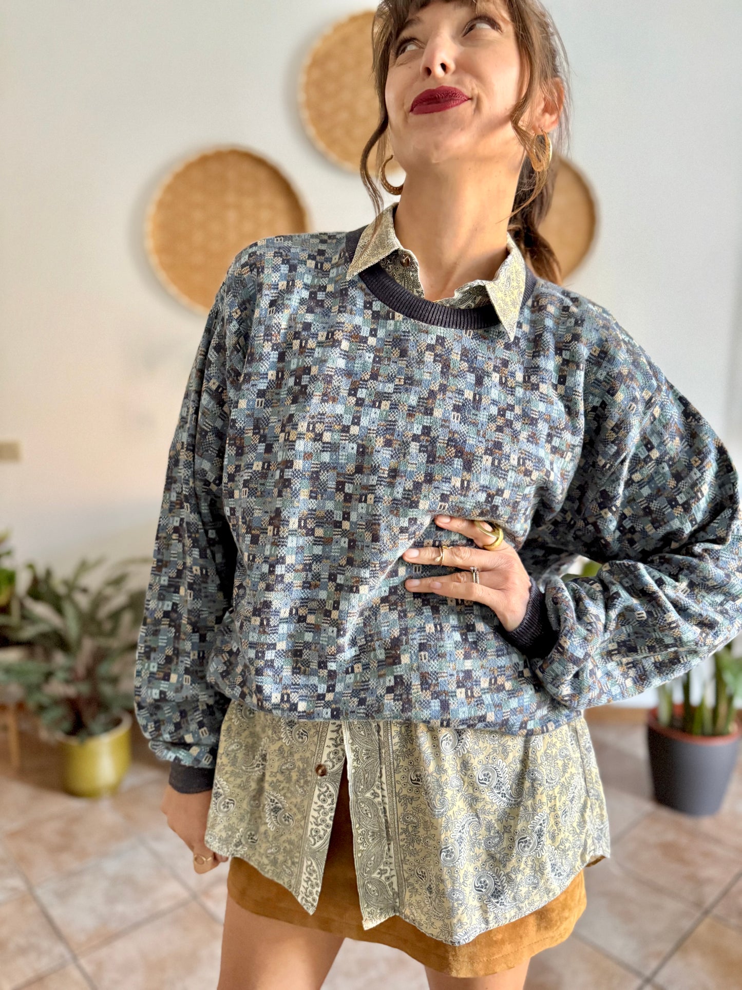 1990's vintage multitonal blue and brown geometric knit pullover
