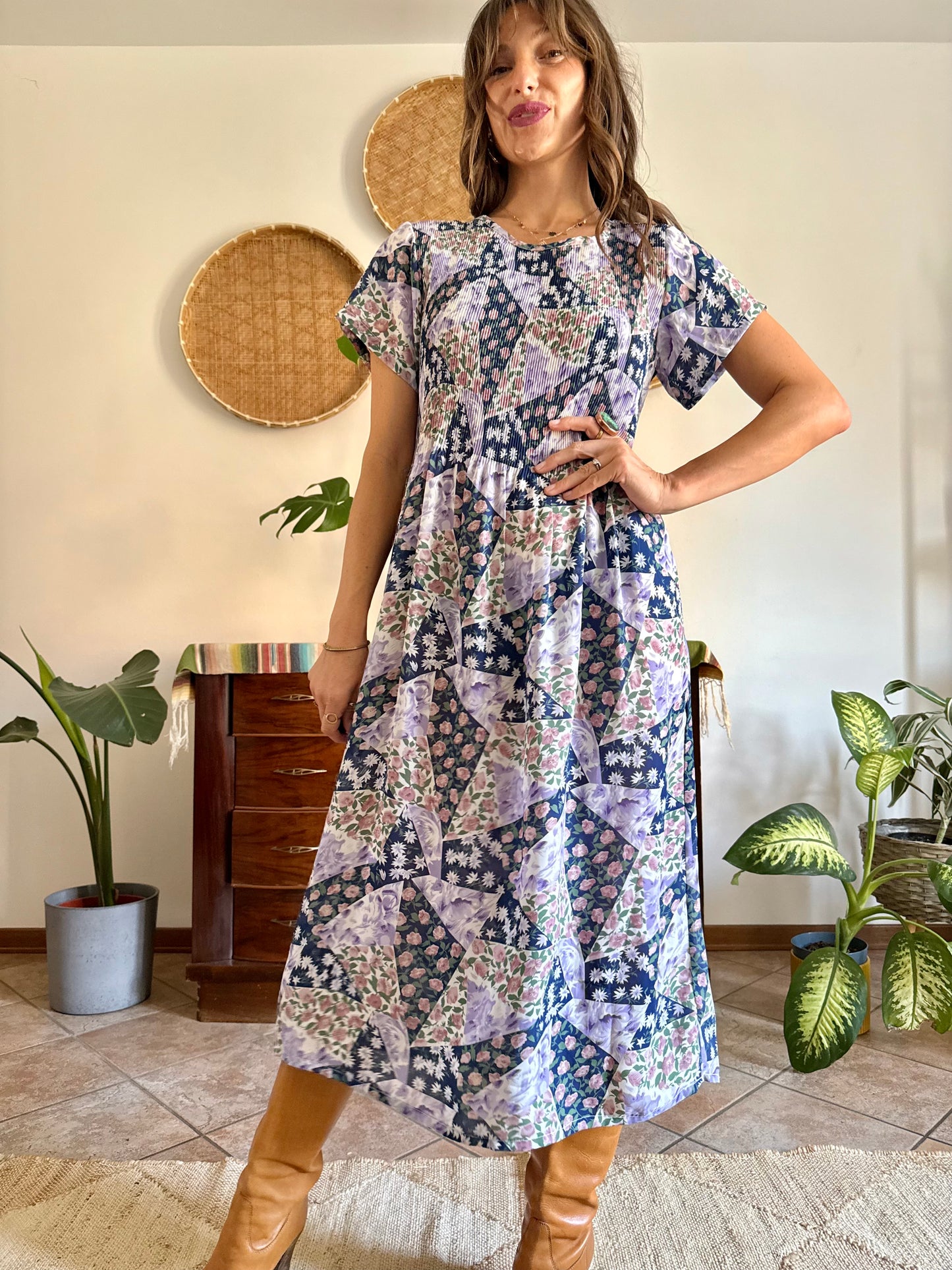 1990's vintage blue, purple and pink floral maxi dress