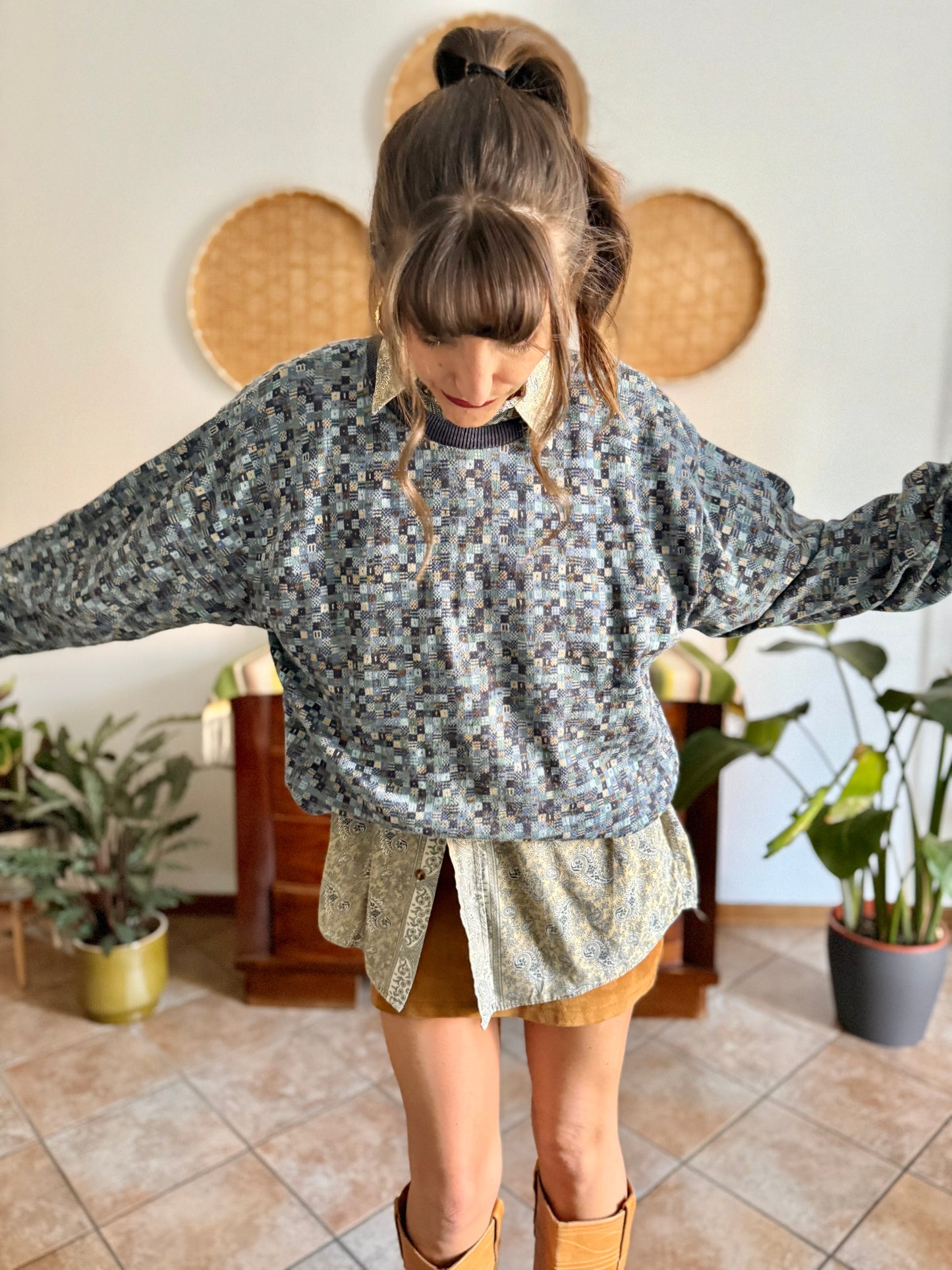 1990's vintage multitonal blue and brown geometric knit pullover