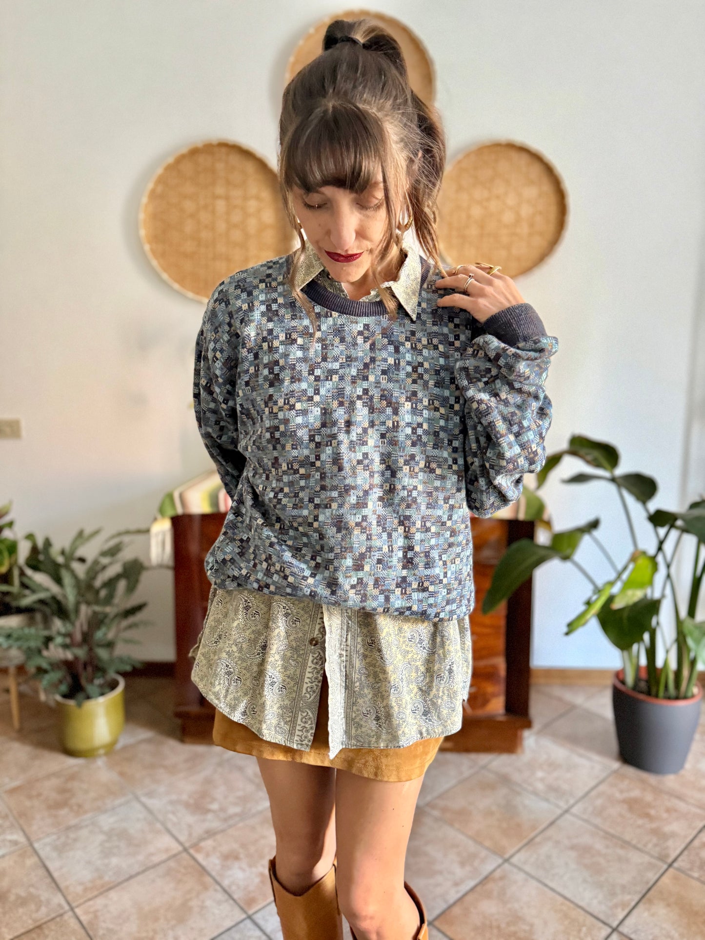 1990's vintage multitonal blue and brown geometric knit pullover