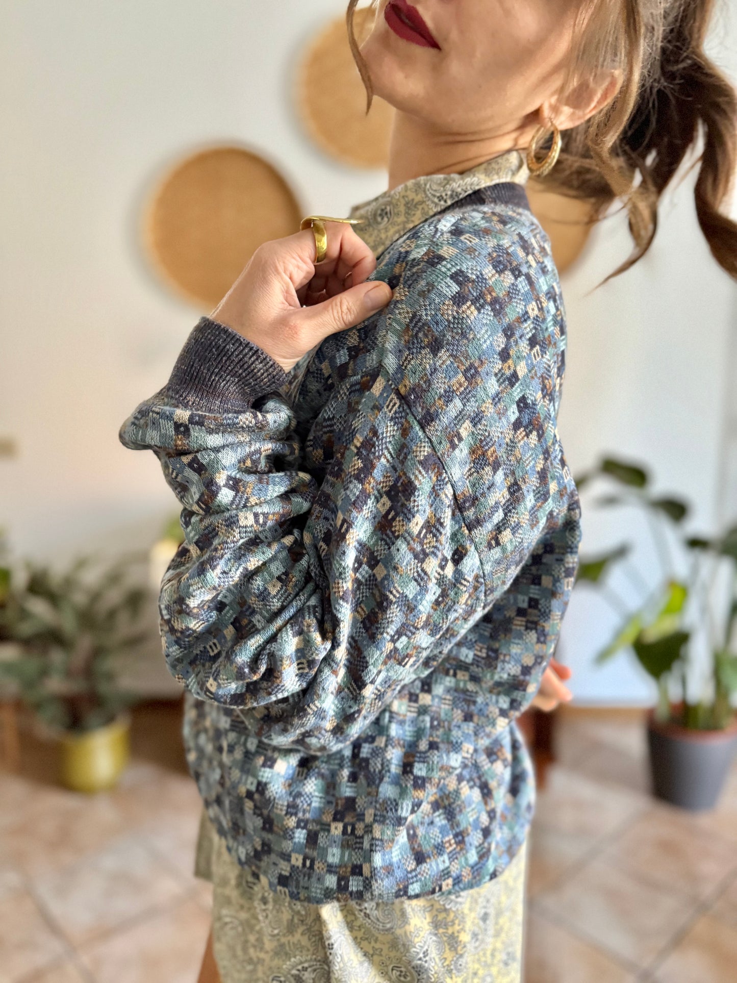 1990's vintage multitonal blue and brown geometric knit pullover