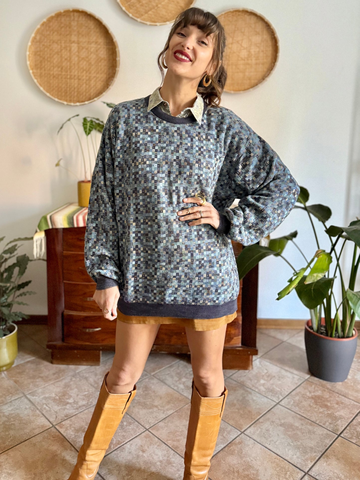 1990's vintage multitonal blue and brown geometric knit pullover