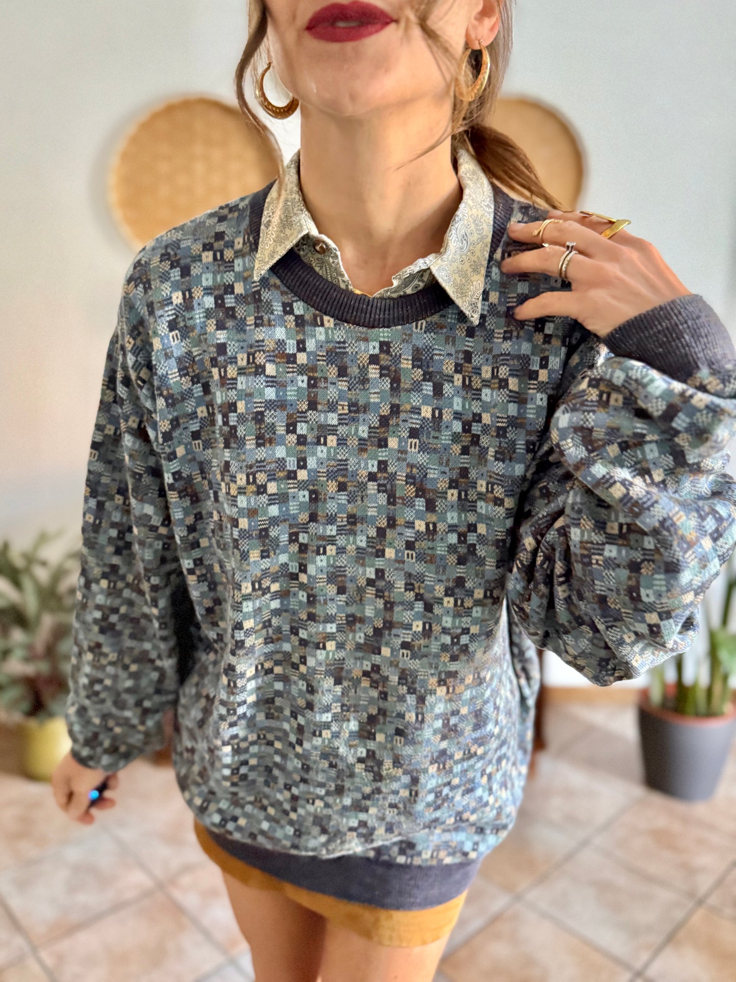 1990's vintage multitonal blue and brown geometric knit pullover