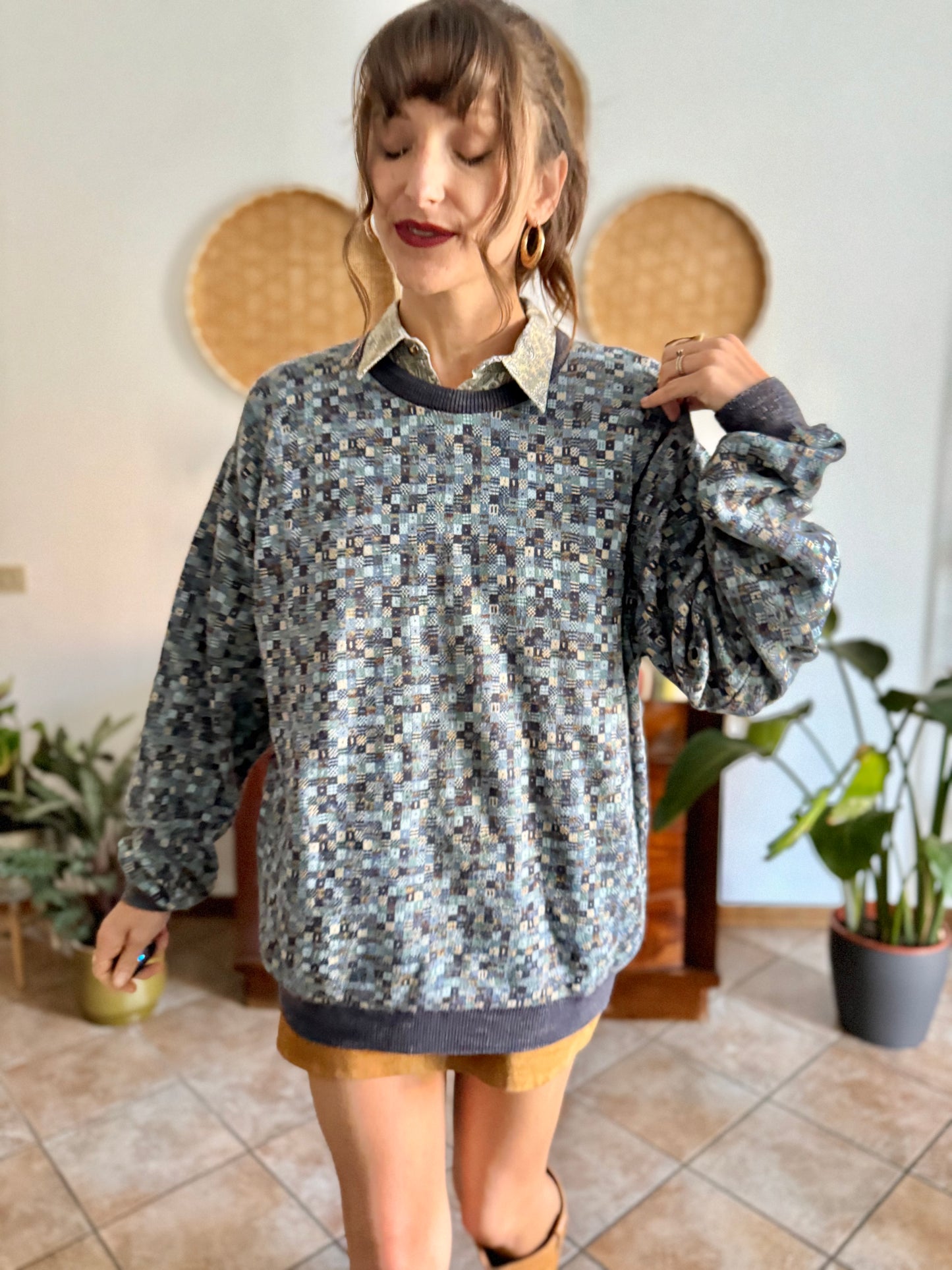 1990's vintage multitonal blue and brown geometric knit pullover