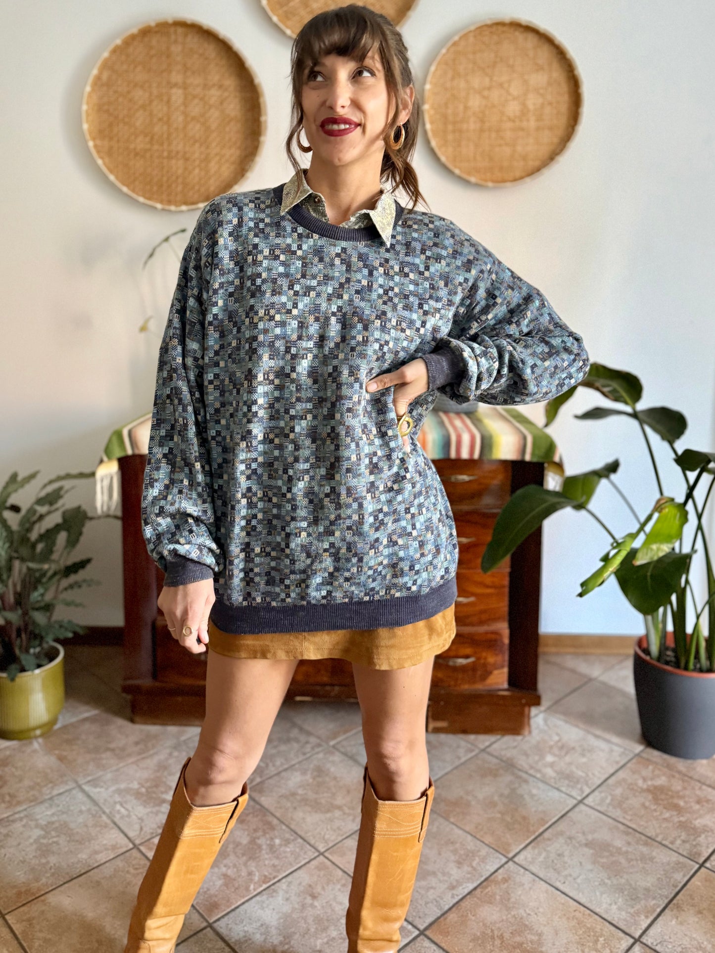 1990's vintage multitonal blue and brown geometric knit pullover