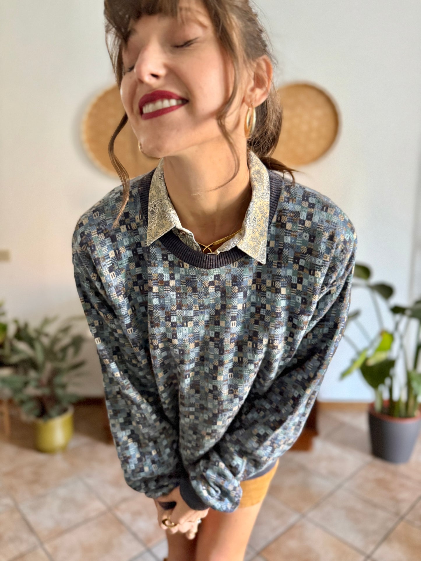 1990's vintage multitonal blue and brown geometric knit pullover