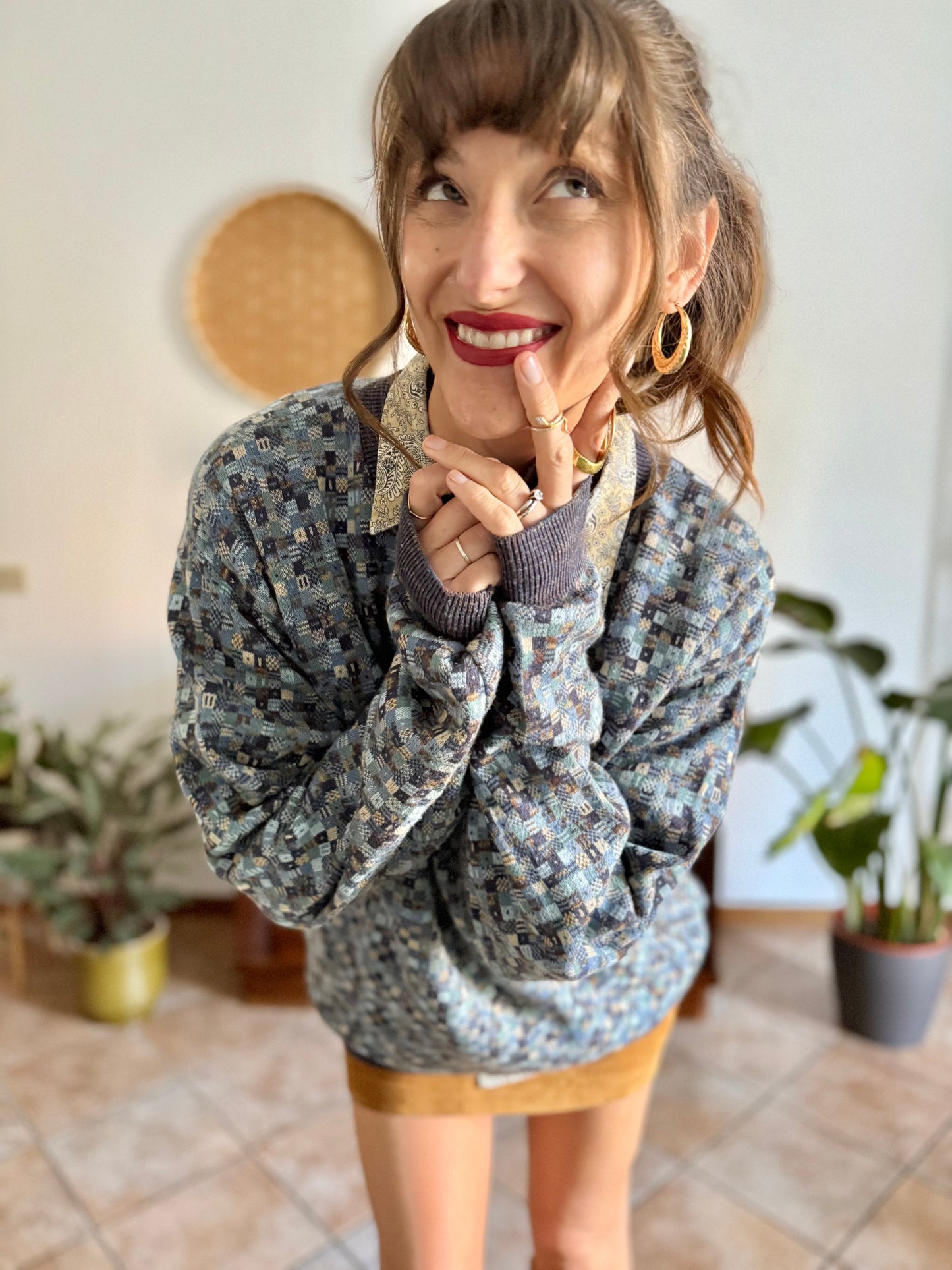 1990's vintage multitonal blue and brown geometric knit pullover