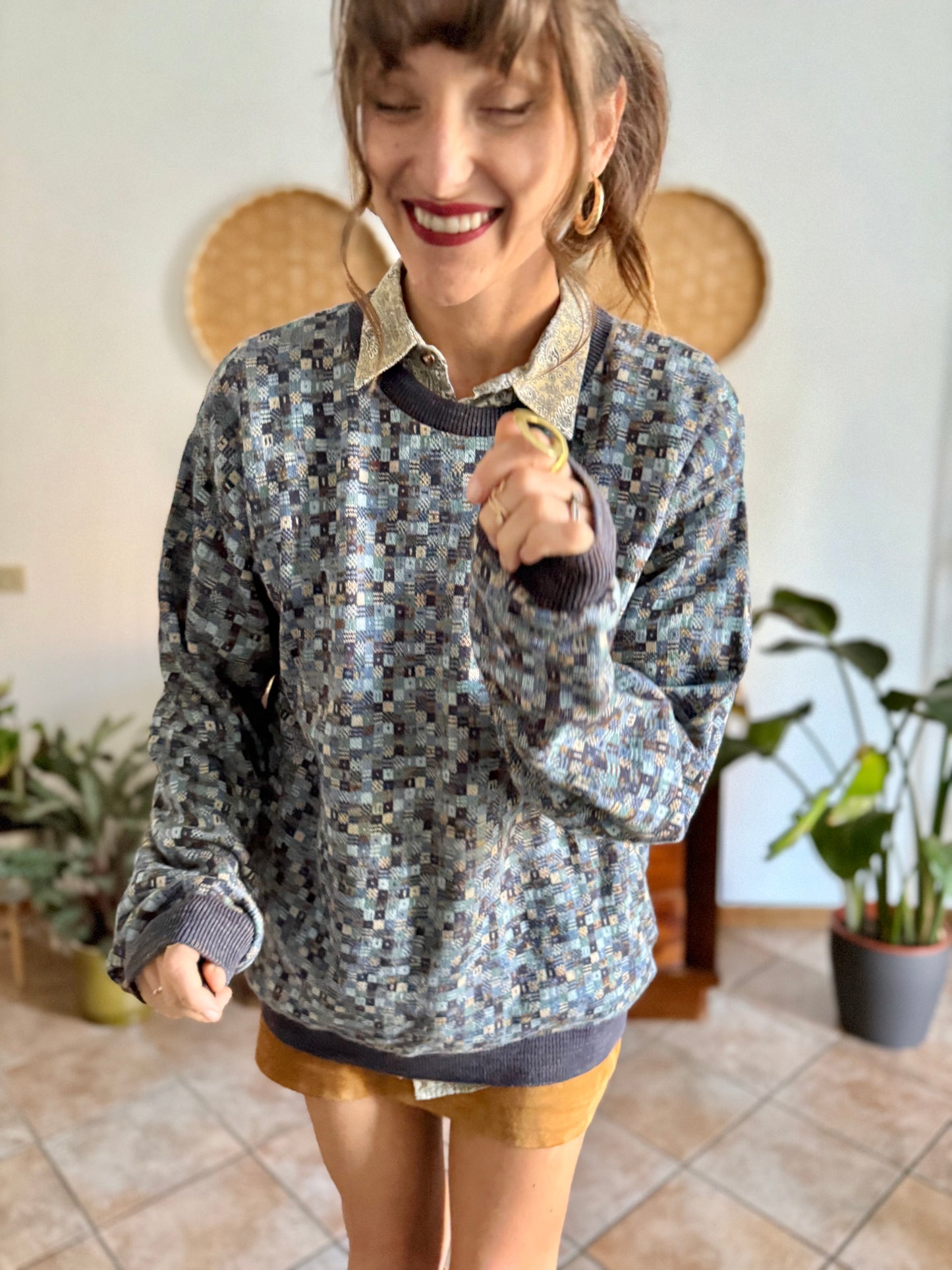 1990's vintage multitonal blue and brown geometric knit pullover