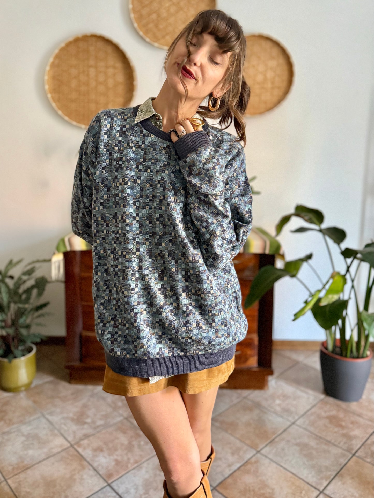 1990's vintage multitonal blue and brown geometric knit pullover