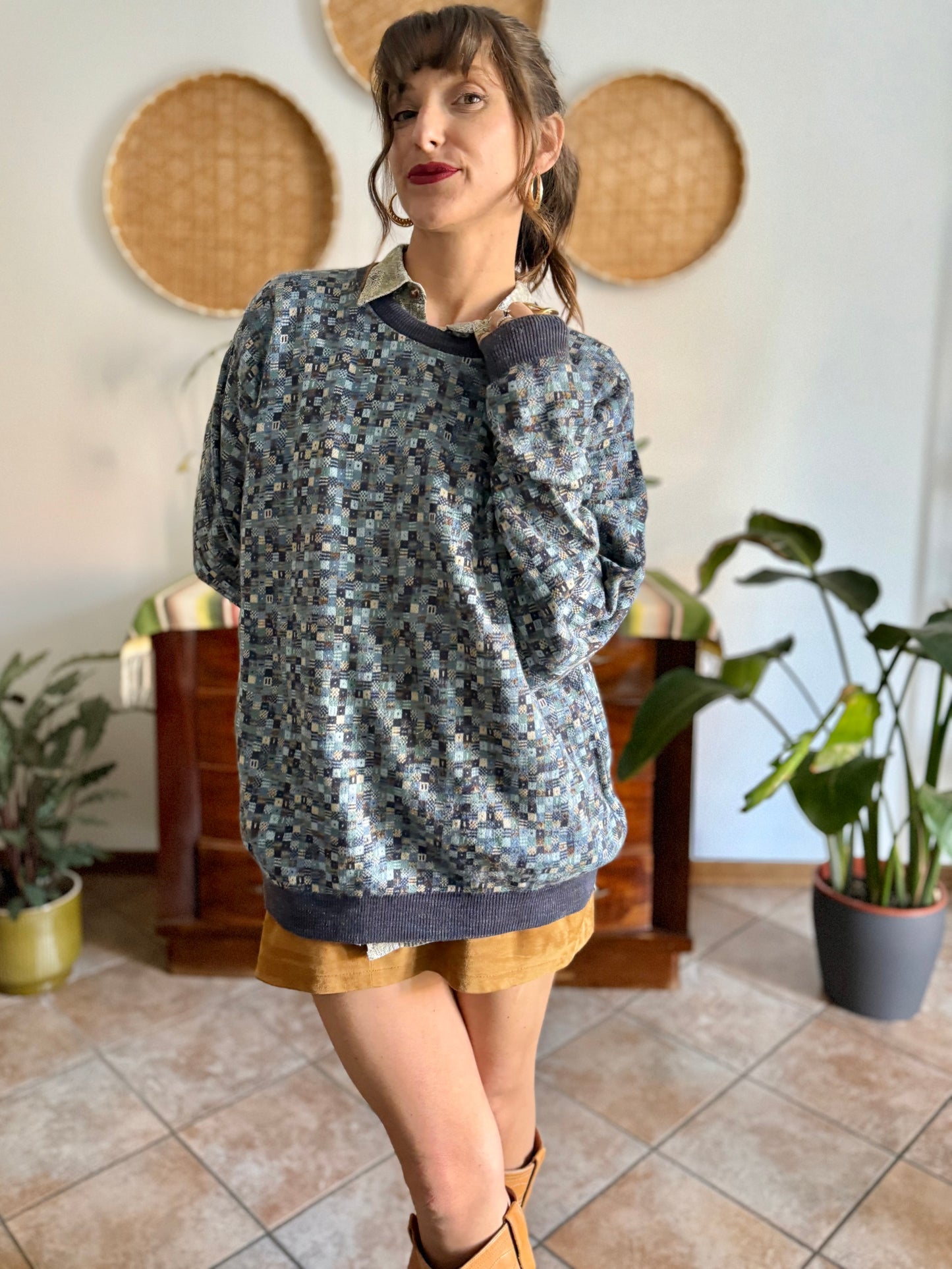 1990's vintage multitonal blue and brown geometric knit pullover