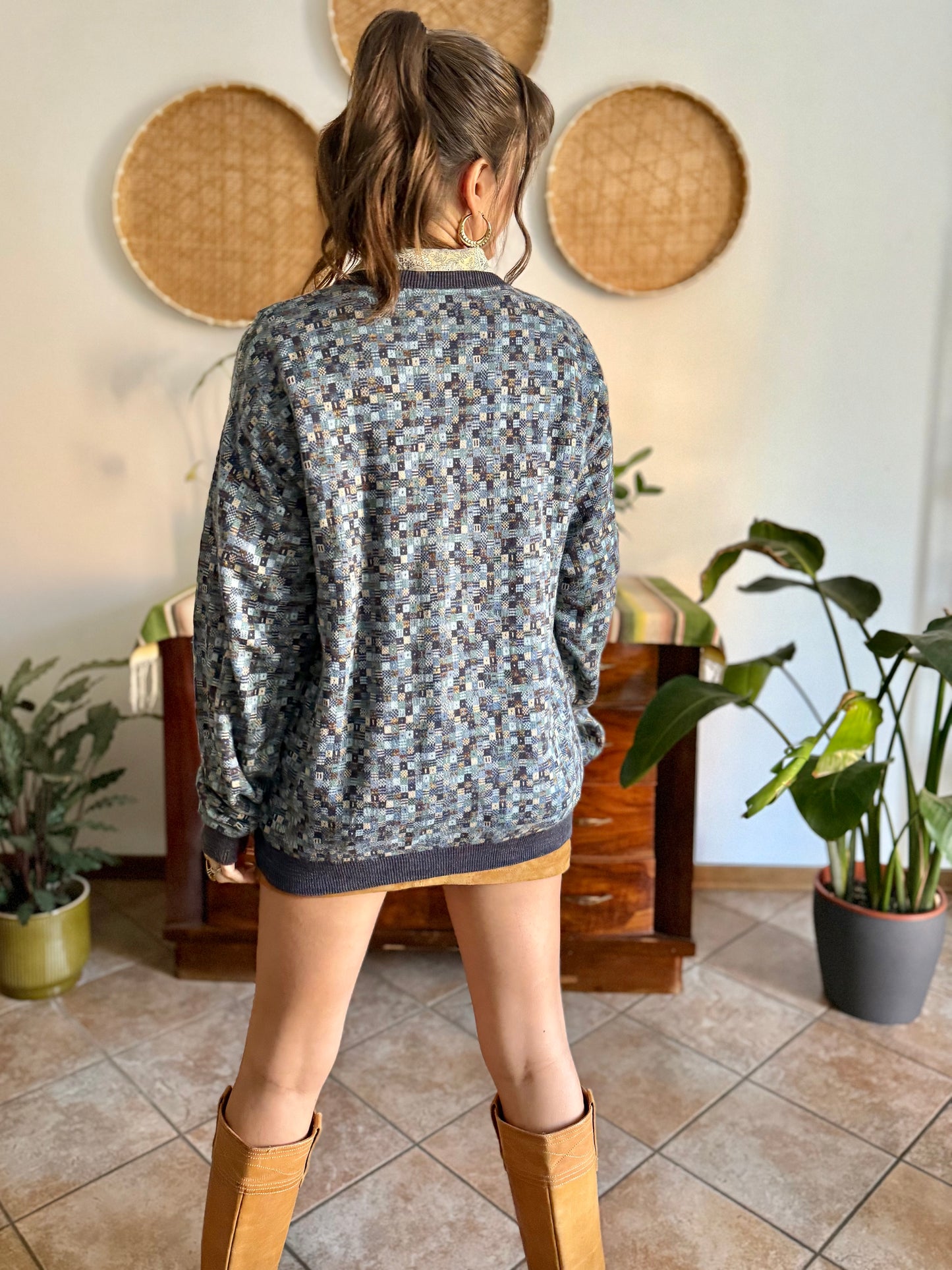 1990's vintage multitonal blue and brown geometric knit pullover