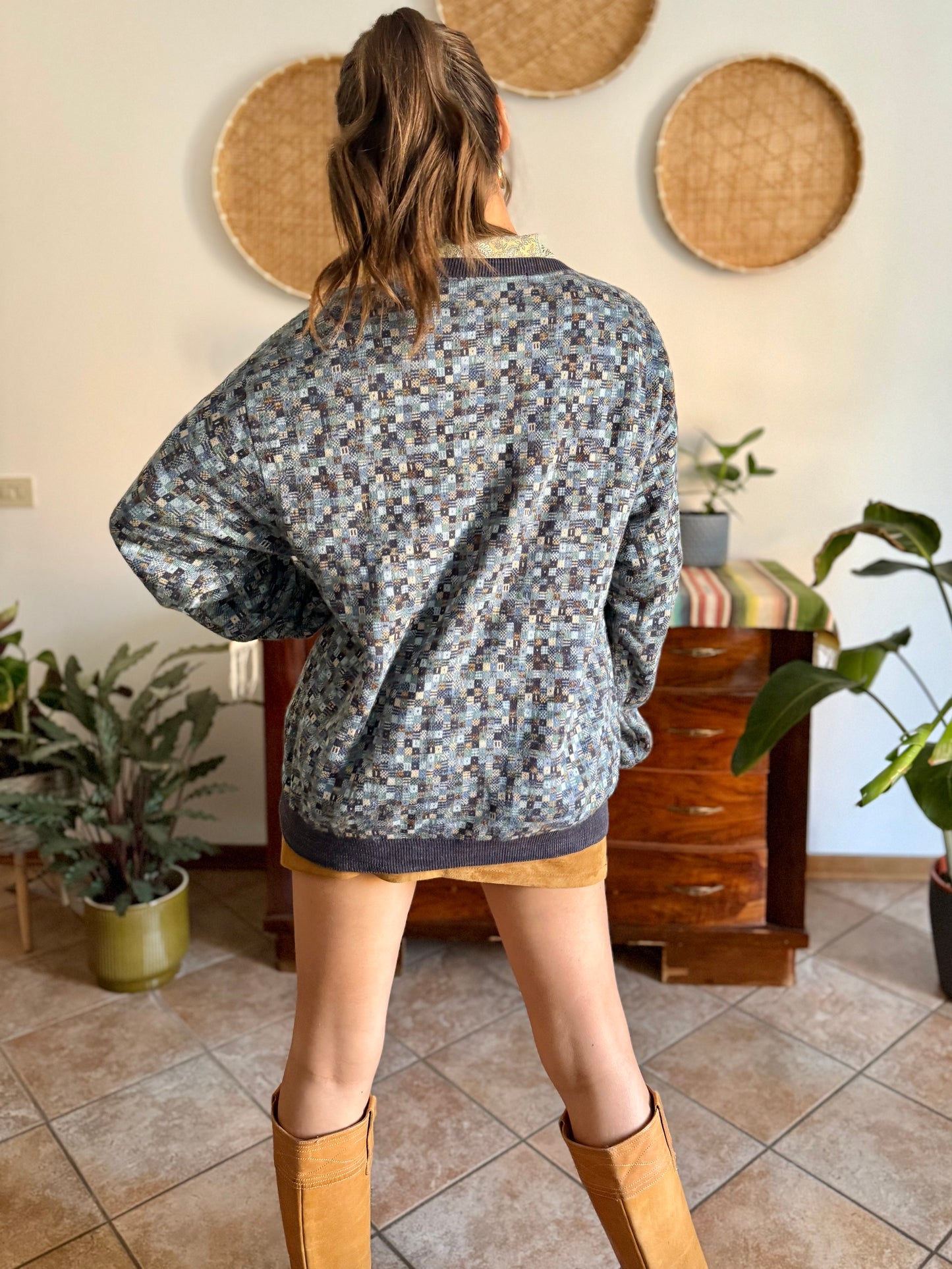 1990's vintage multitonal blue and brown geometric knit pullover