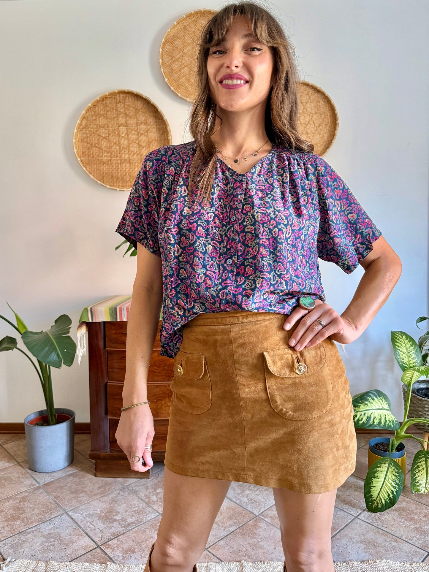 1970's vintage pink, blue and tan paisley print silk blouse