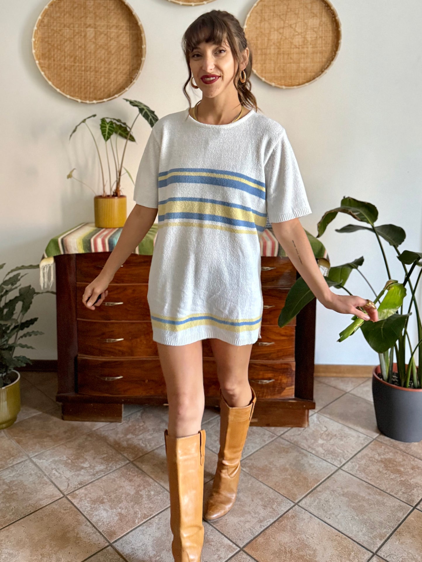 1990's vintage cream knit mini dress with blue and yellow stripes