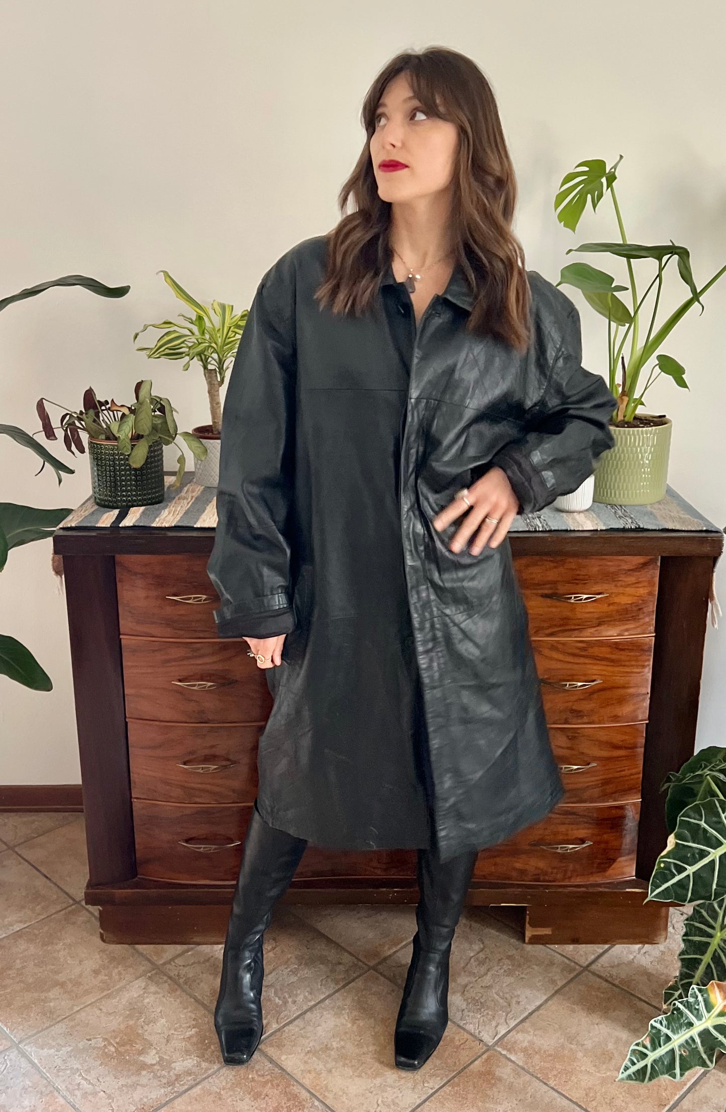 1970's vintage over size butter soft black leather trench coat