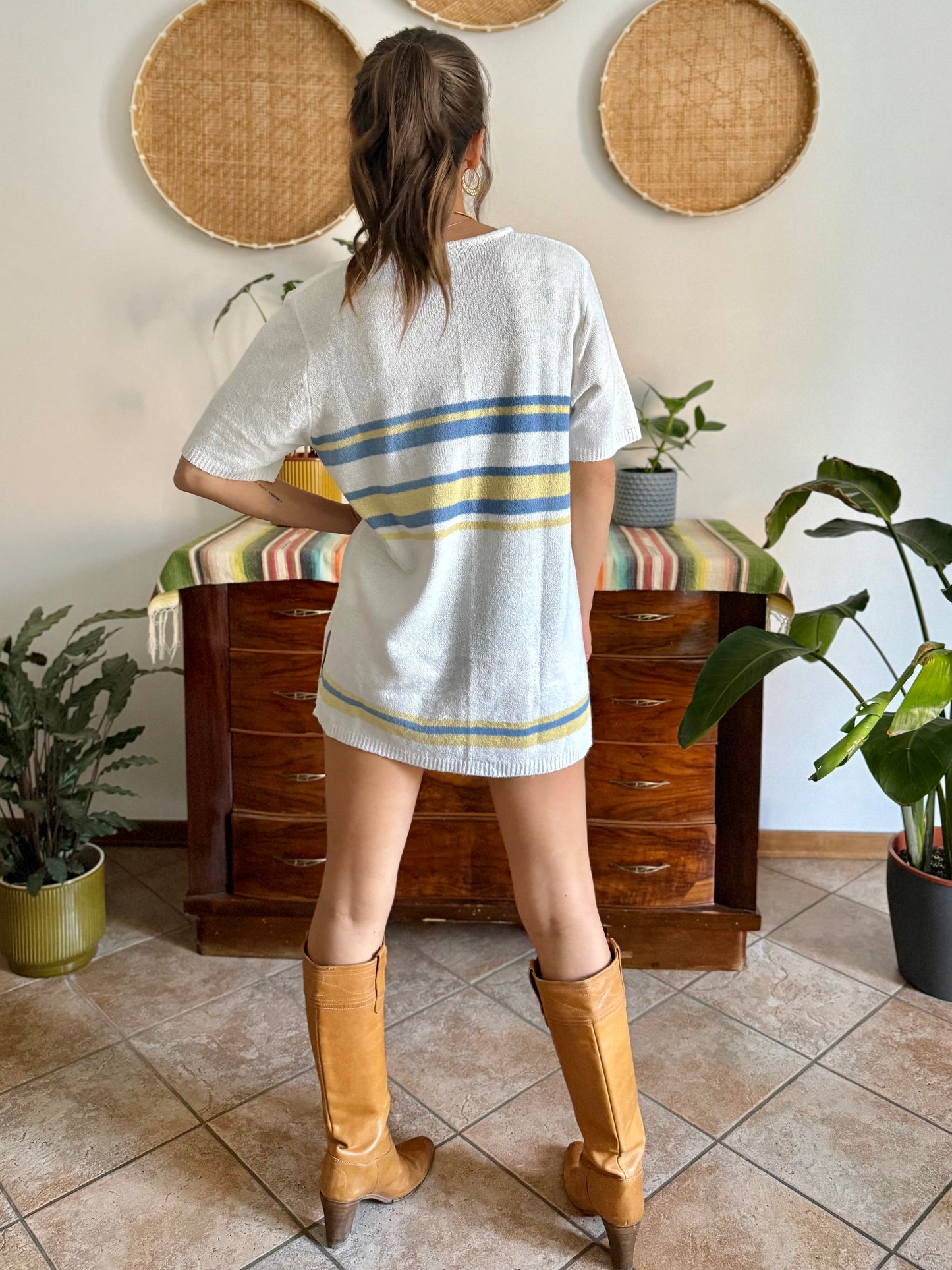 1990's vintage cream knit mini dress with blue and yellow stripes